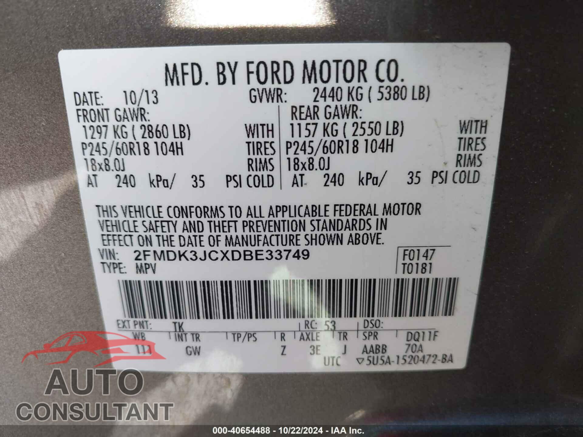 FORD EDGE 2013 - 2FMDK3JCXDBE33749