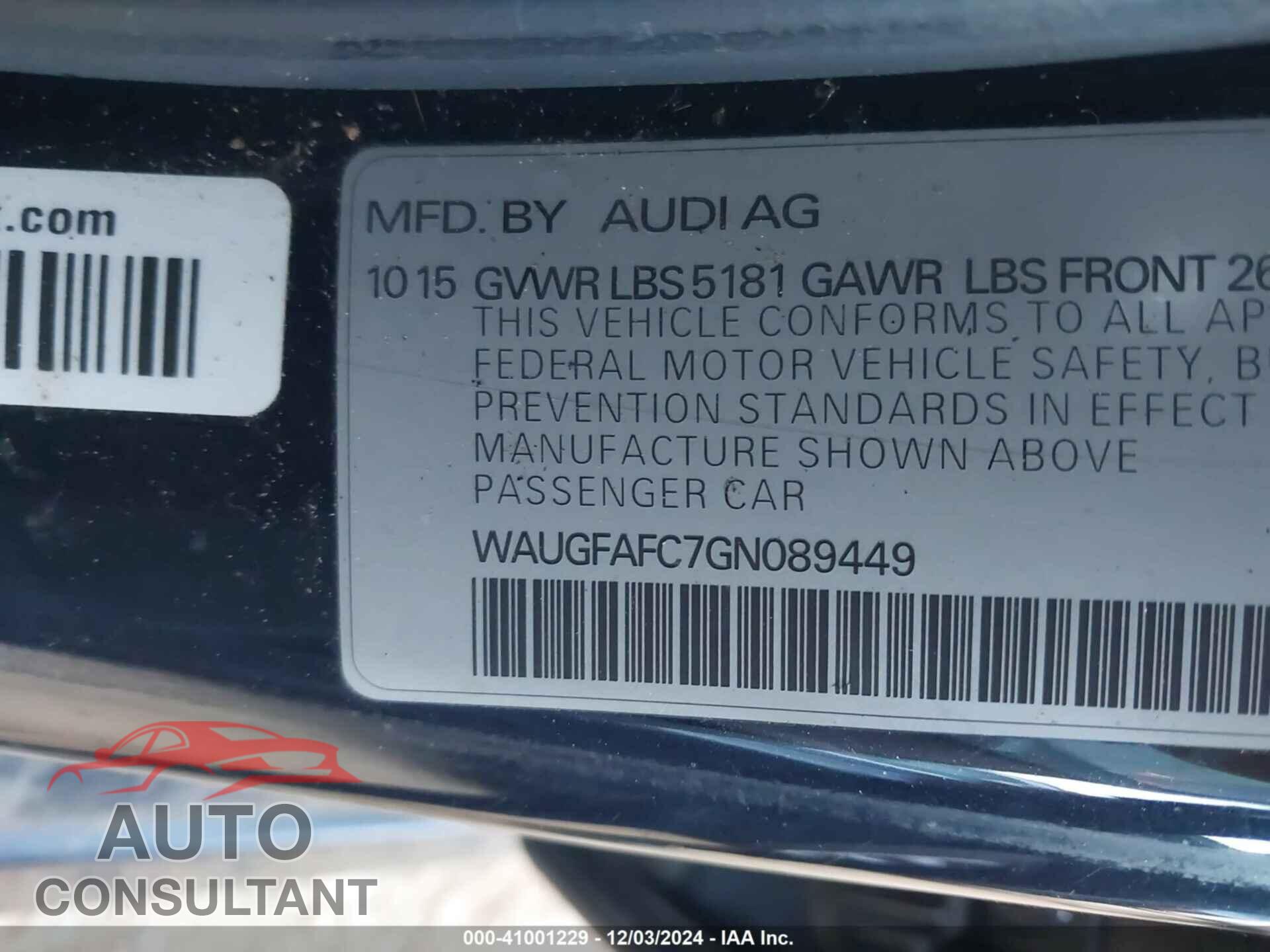 AUDI A6 2016 - WAUGFAFC7GN089449