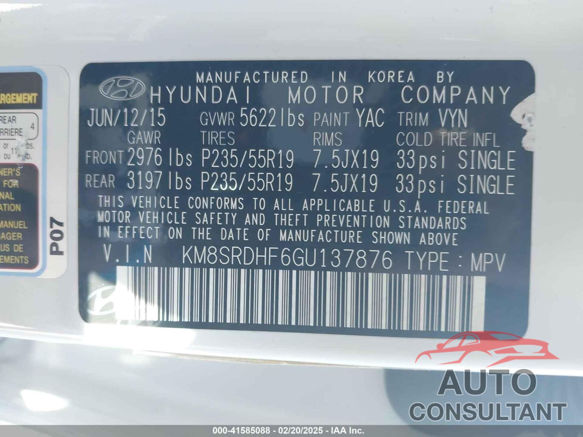 HYUNDAI SANTA FE 2016 - KM8SRDHF6GU137876