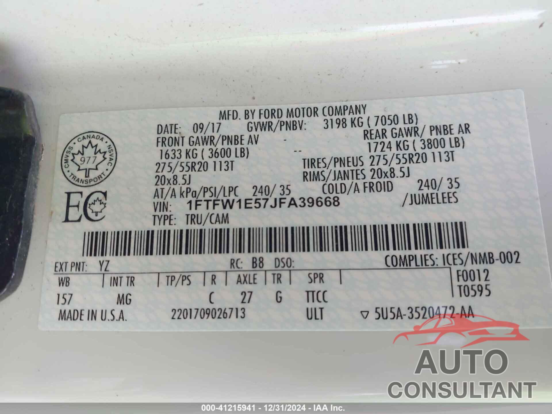 FORD F-150 2018 - 1FTFW1E57JFA39668