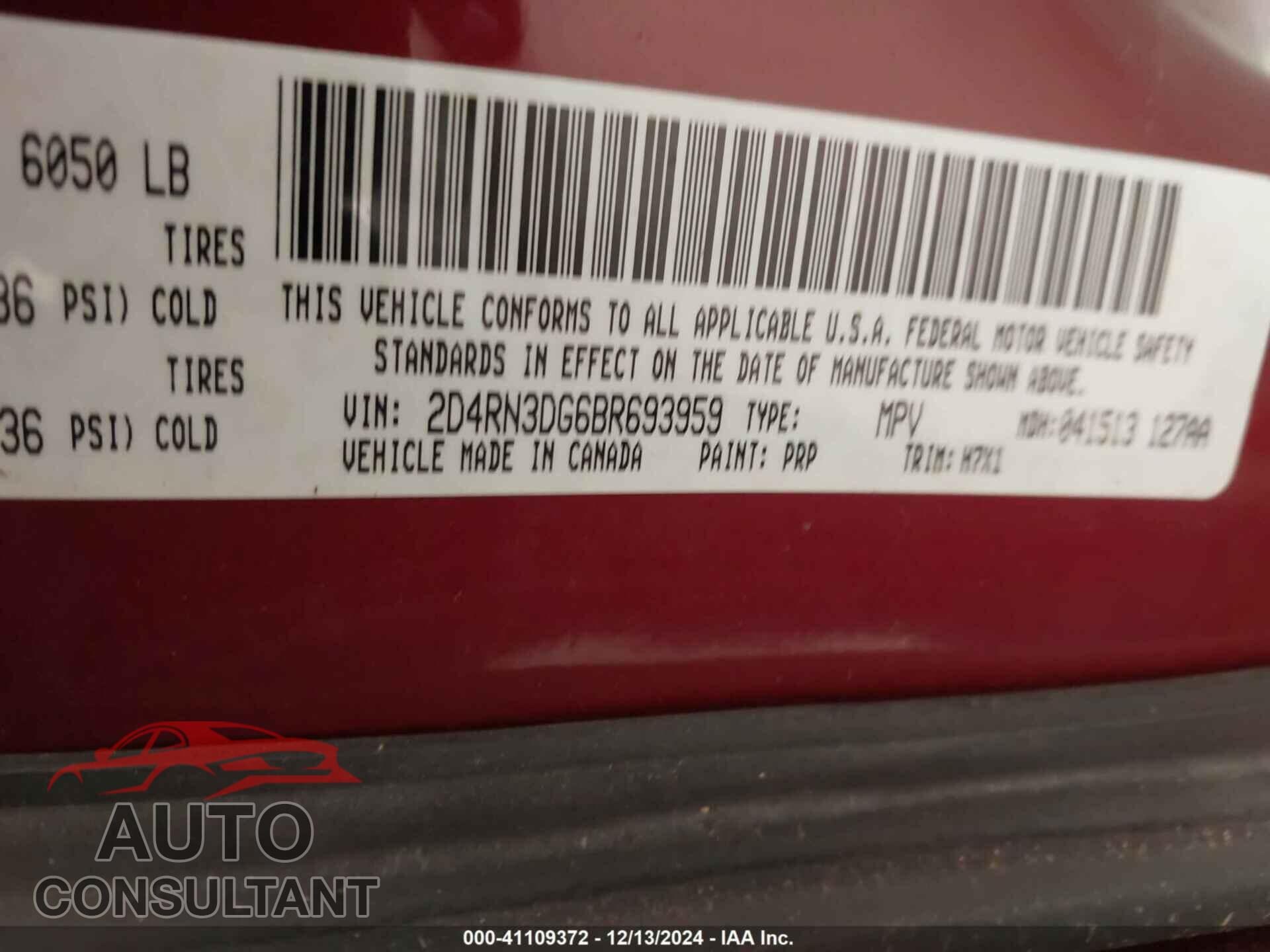 DODGE GRAND CARAVAN 2011 - 2D4RN3DG6BR693959
