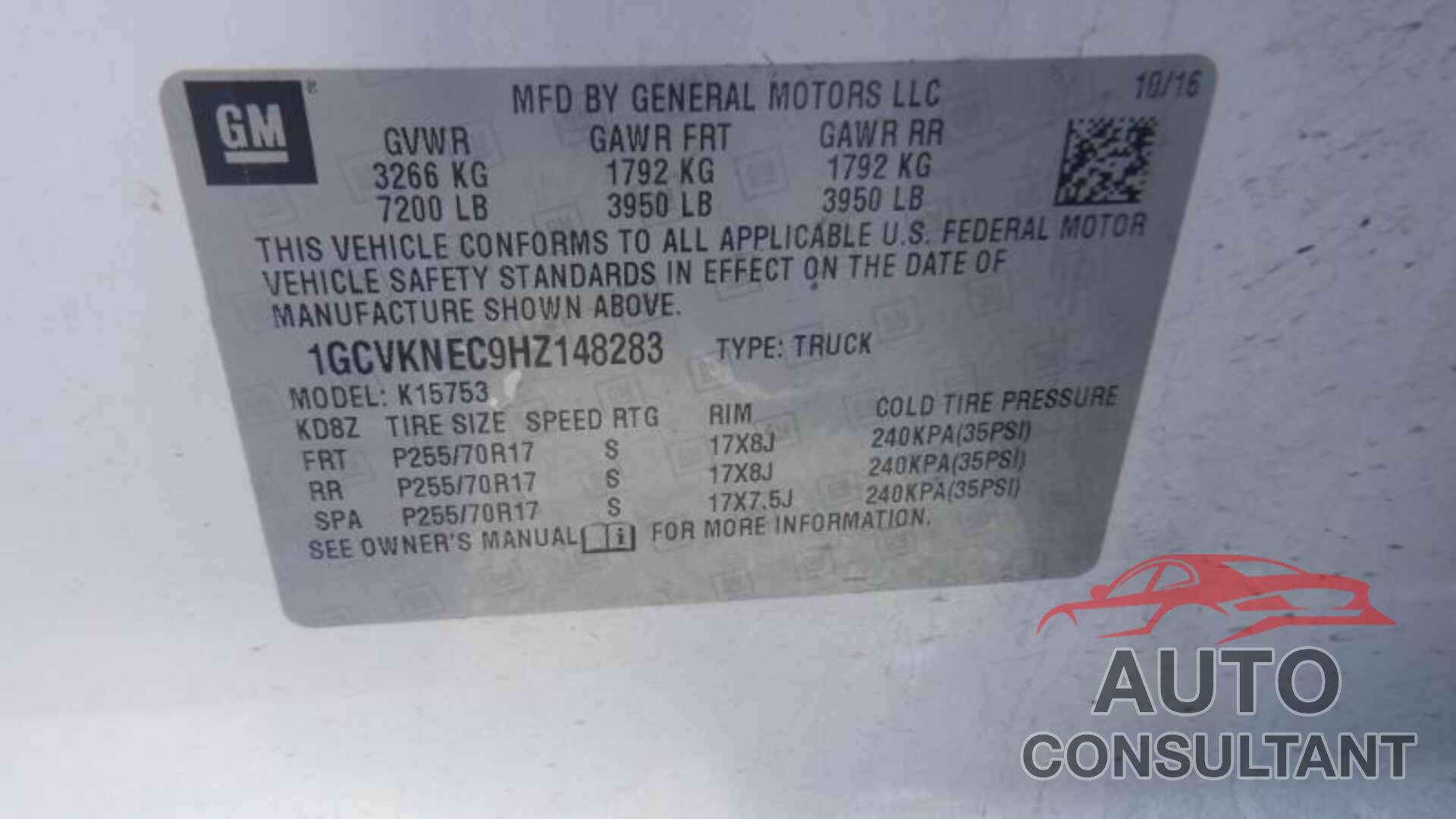 CHEVROLET SILVERADO 1500 2017 - 1GCVKNEC9HZ148283