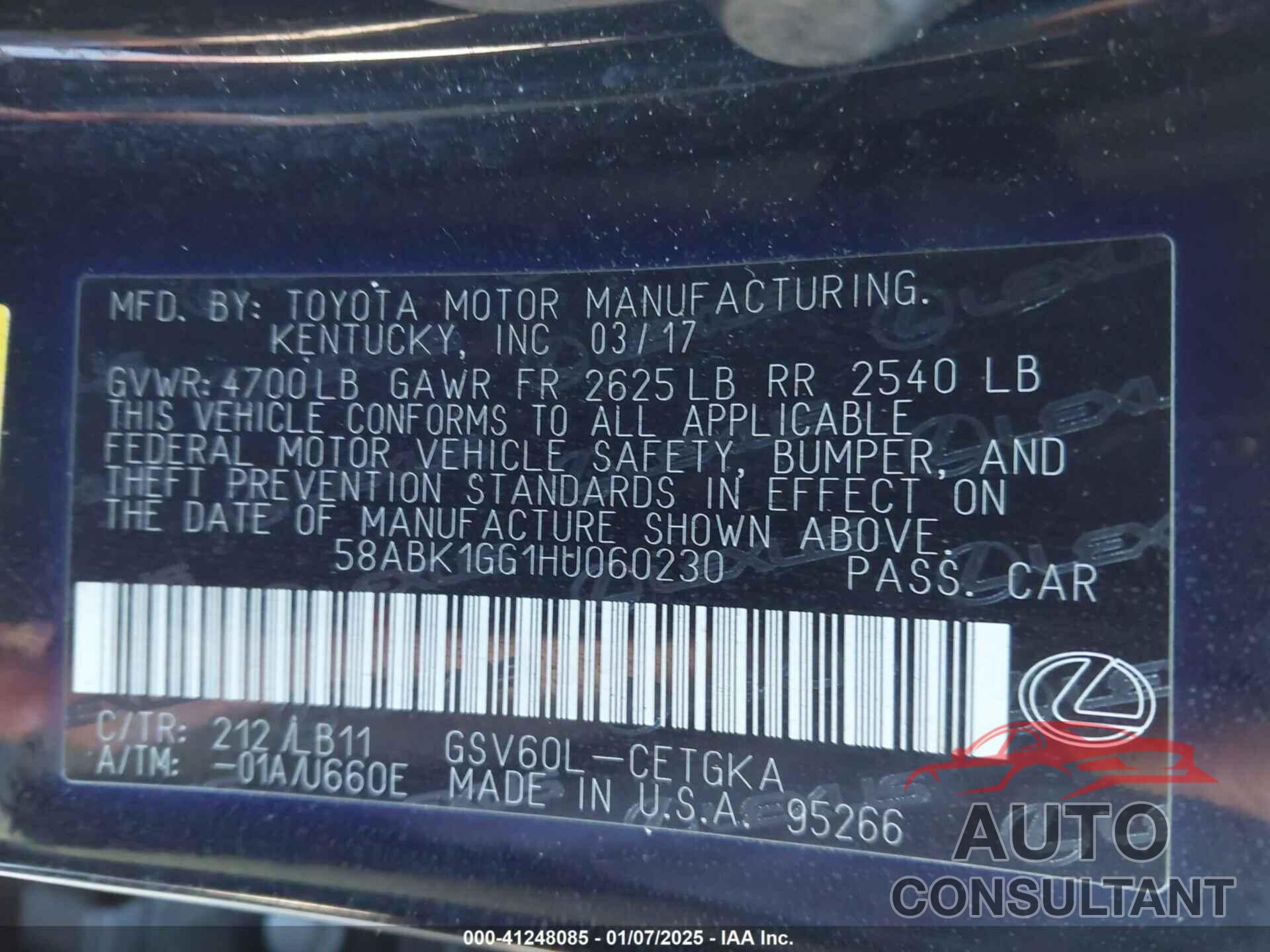 LEXUS ES 350 2017 - 58ABK1GG1HU060230