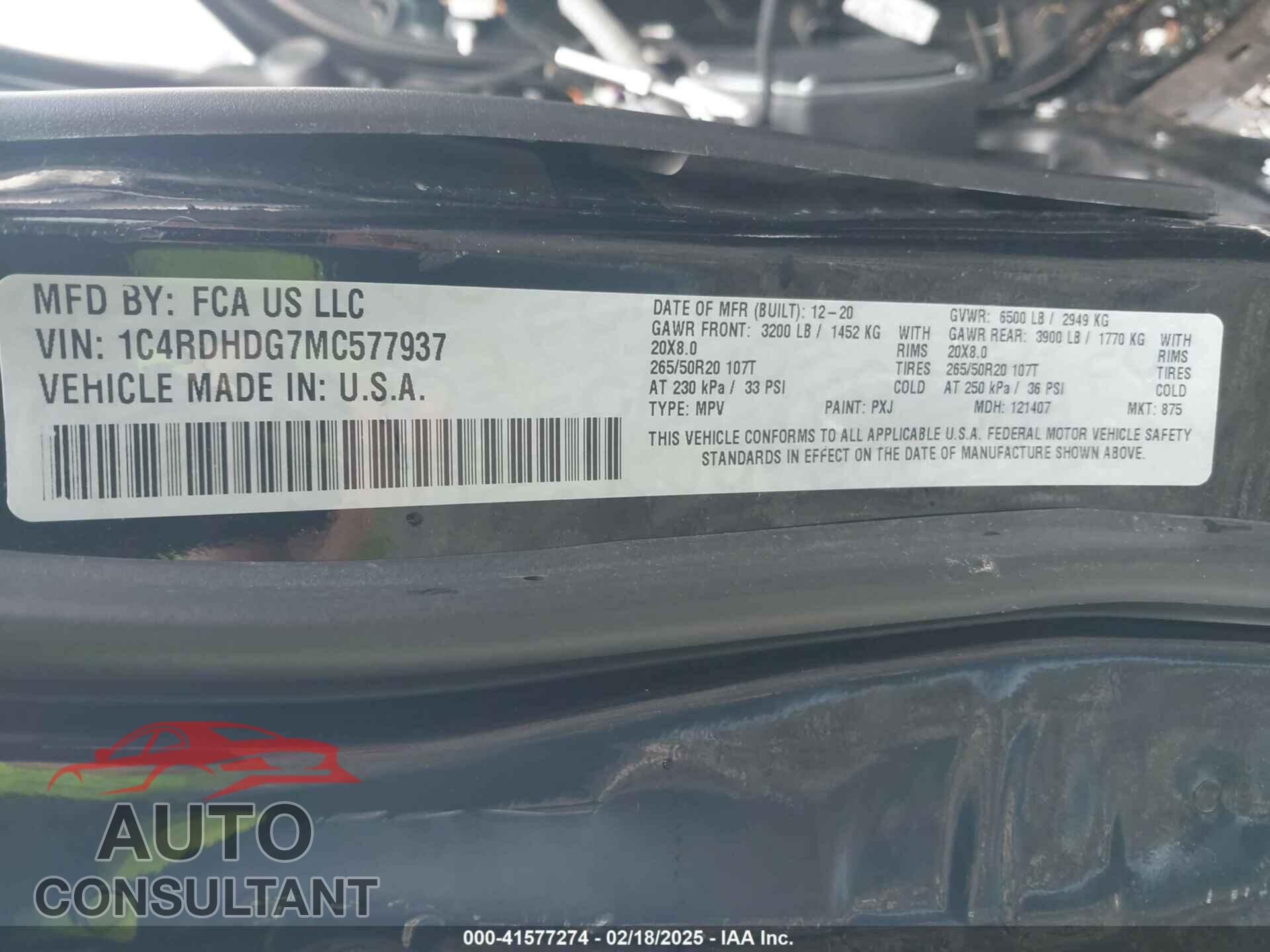 DODGE DURANGO 2021 - 1C4RDHDG7MC577937
