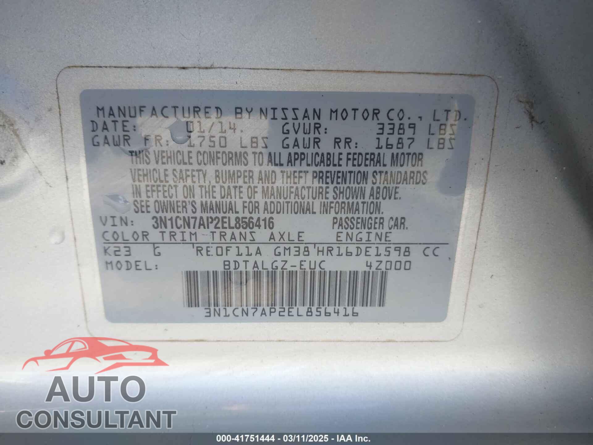 NISSAN VERSA 2014 - 3N1CN7AP2EL856416