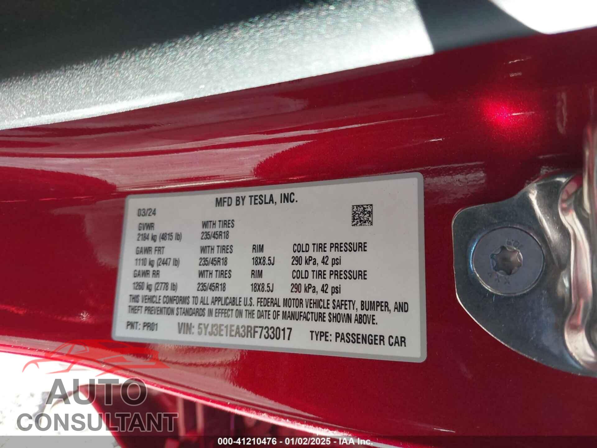 TESLA MODEL 3 2024 - 5YJ3E1EA3RF733017
