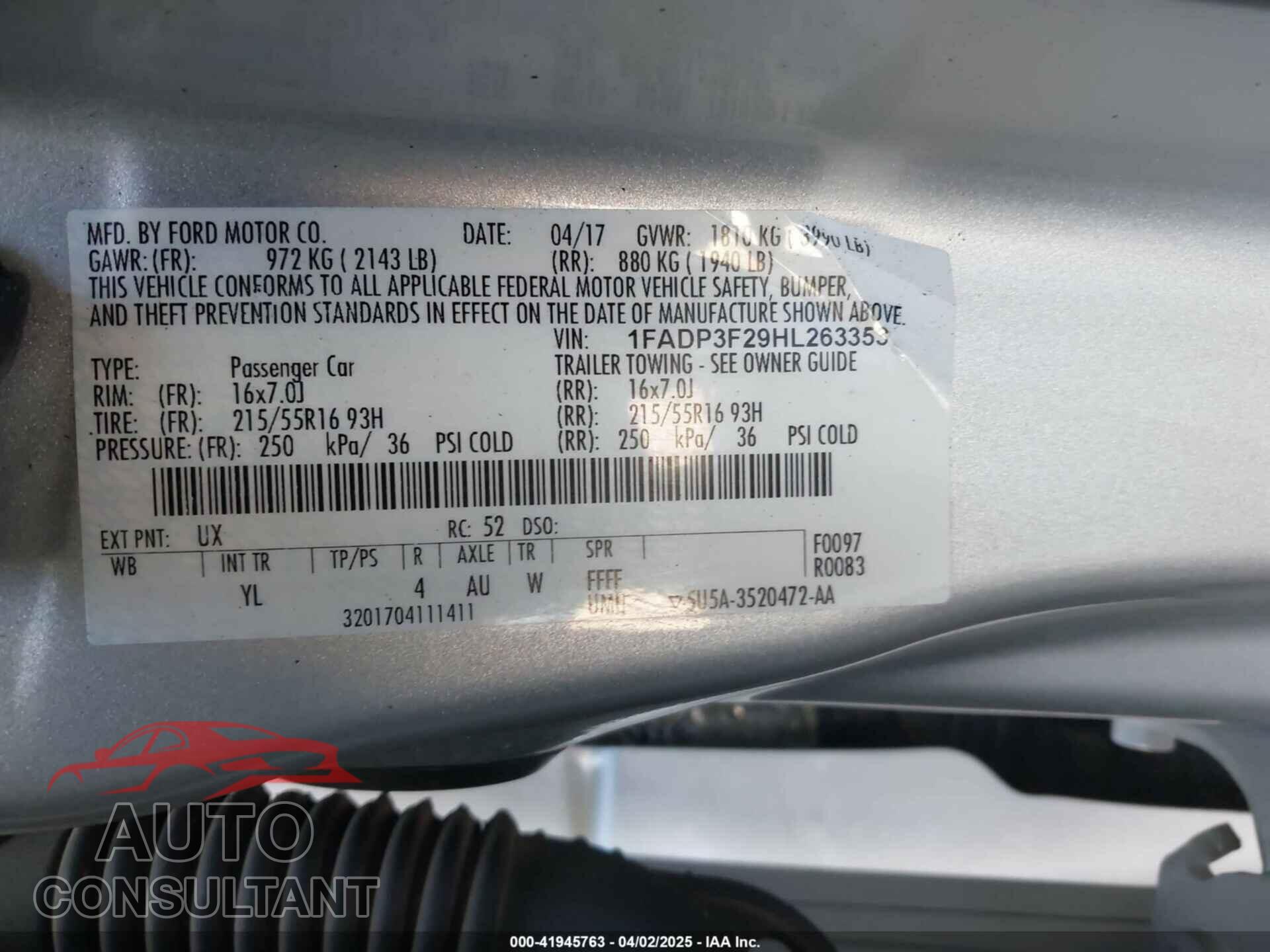 FORD FOCUS 2017 - 1FADP3F29HL263353