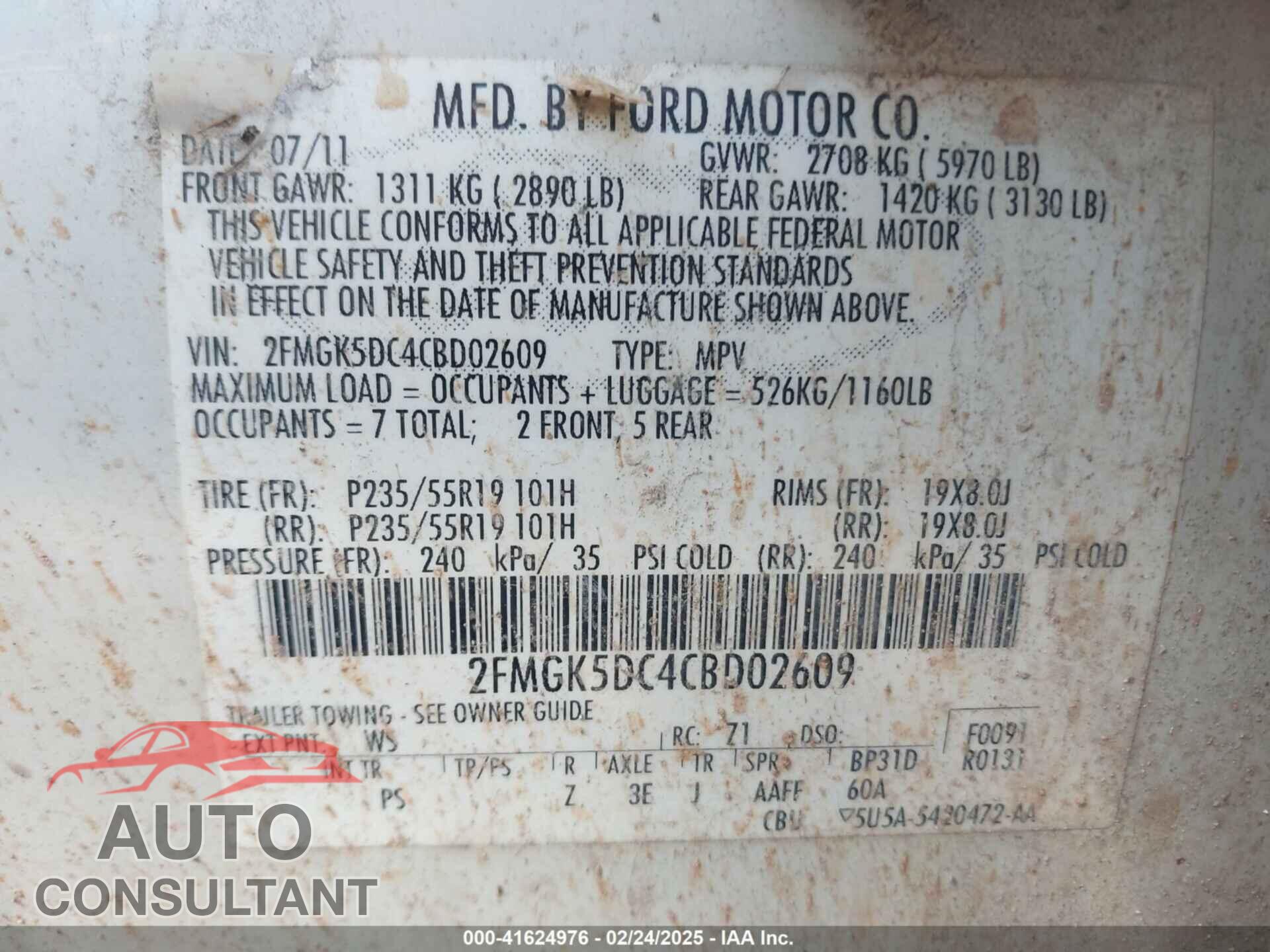 FORD FLEX 2012 - 2FMGK5DC4CBD02609