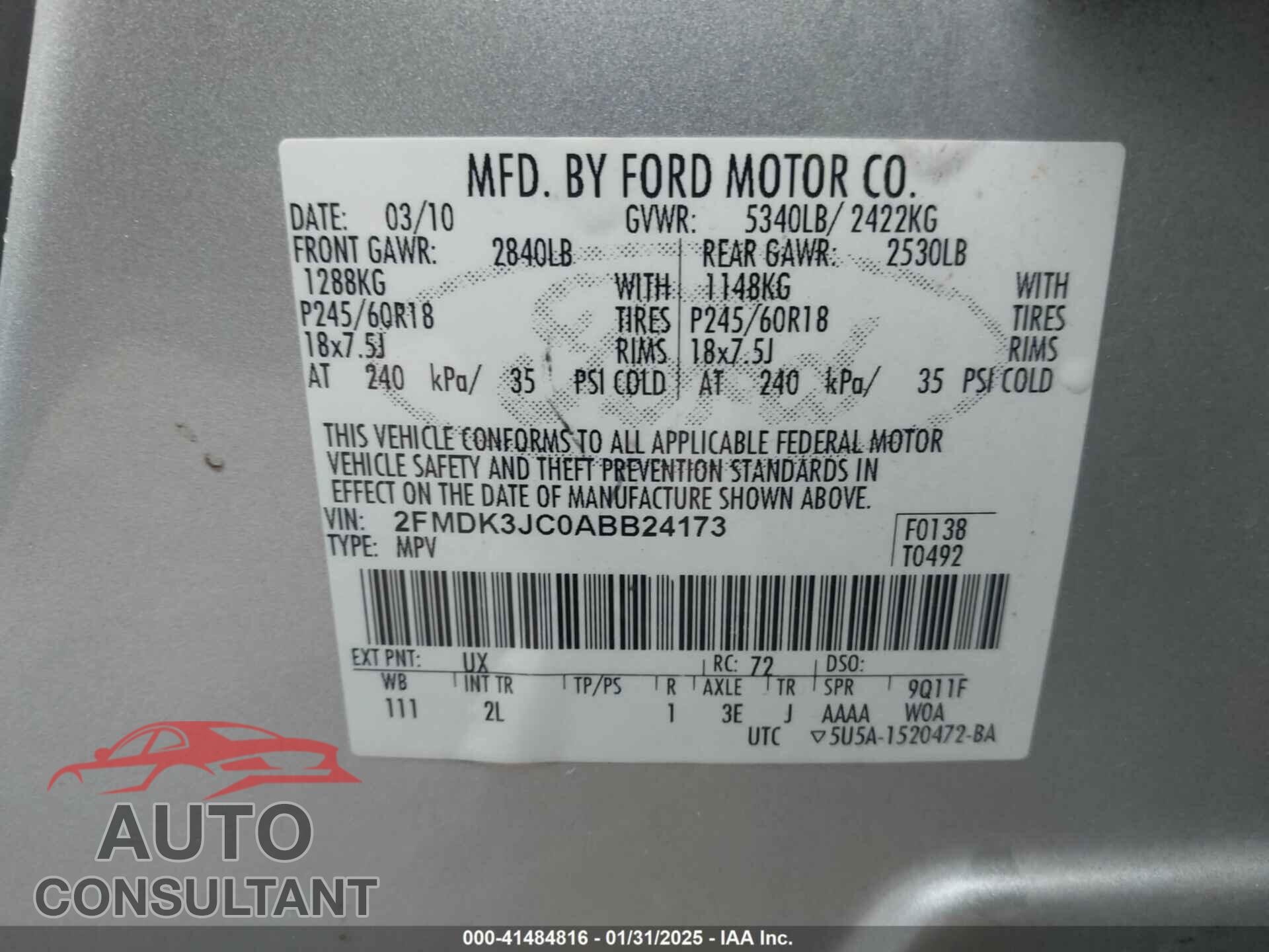 FORD EDGE 2010 - 2FMDK3JC0ABB24173