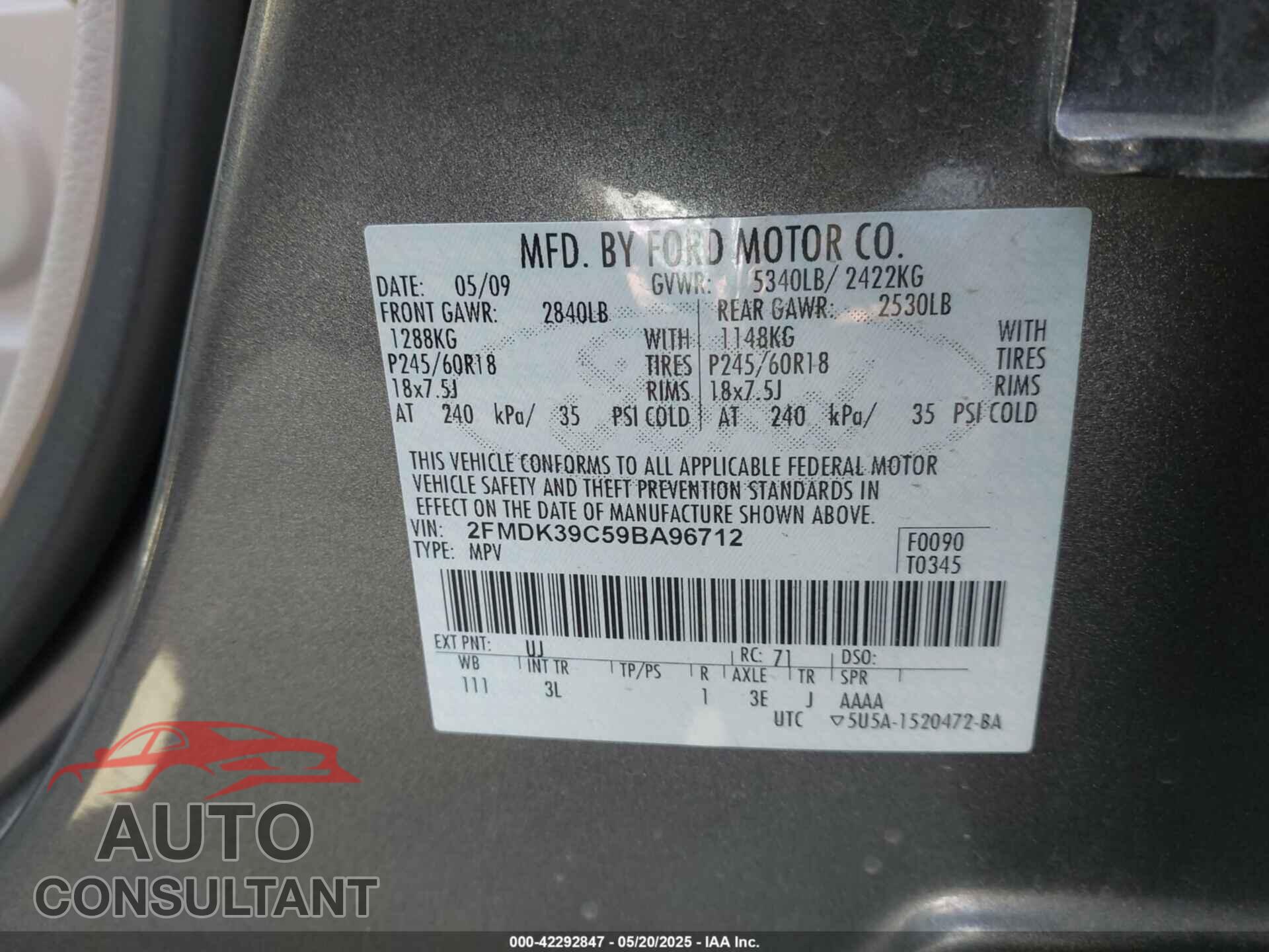 FORD EDGE 2009 - 2FMDK39C59BA96712