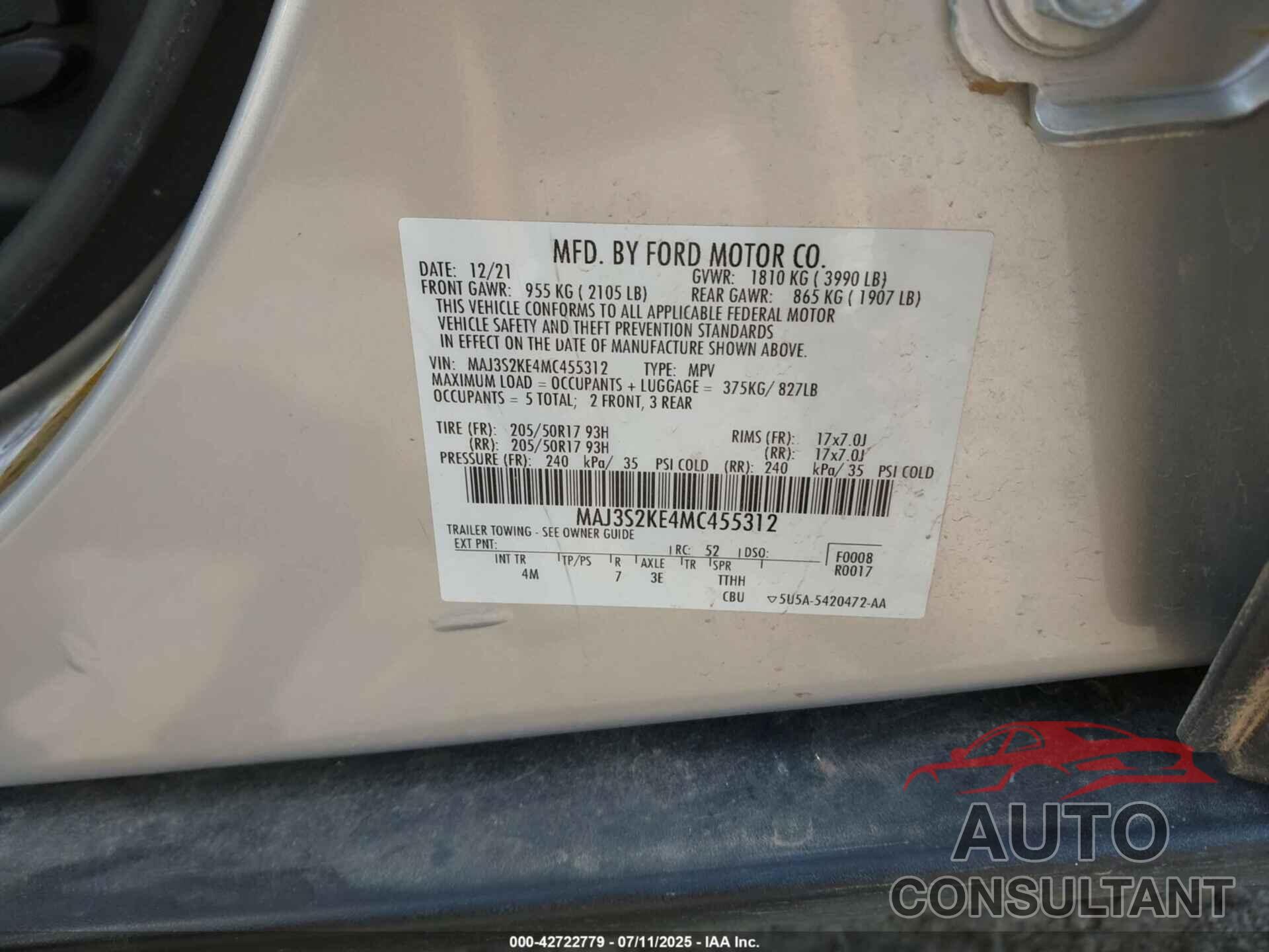 FORD ECOSPORT 2021 - MAJ3S2KE4MC455312