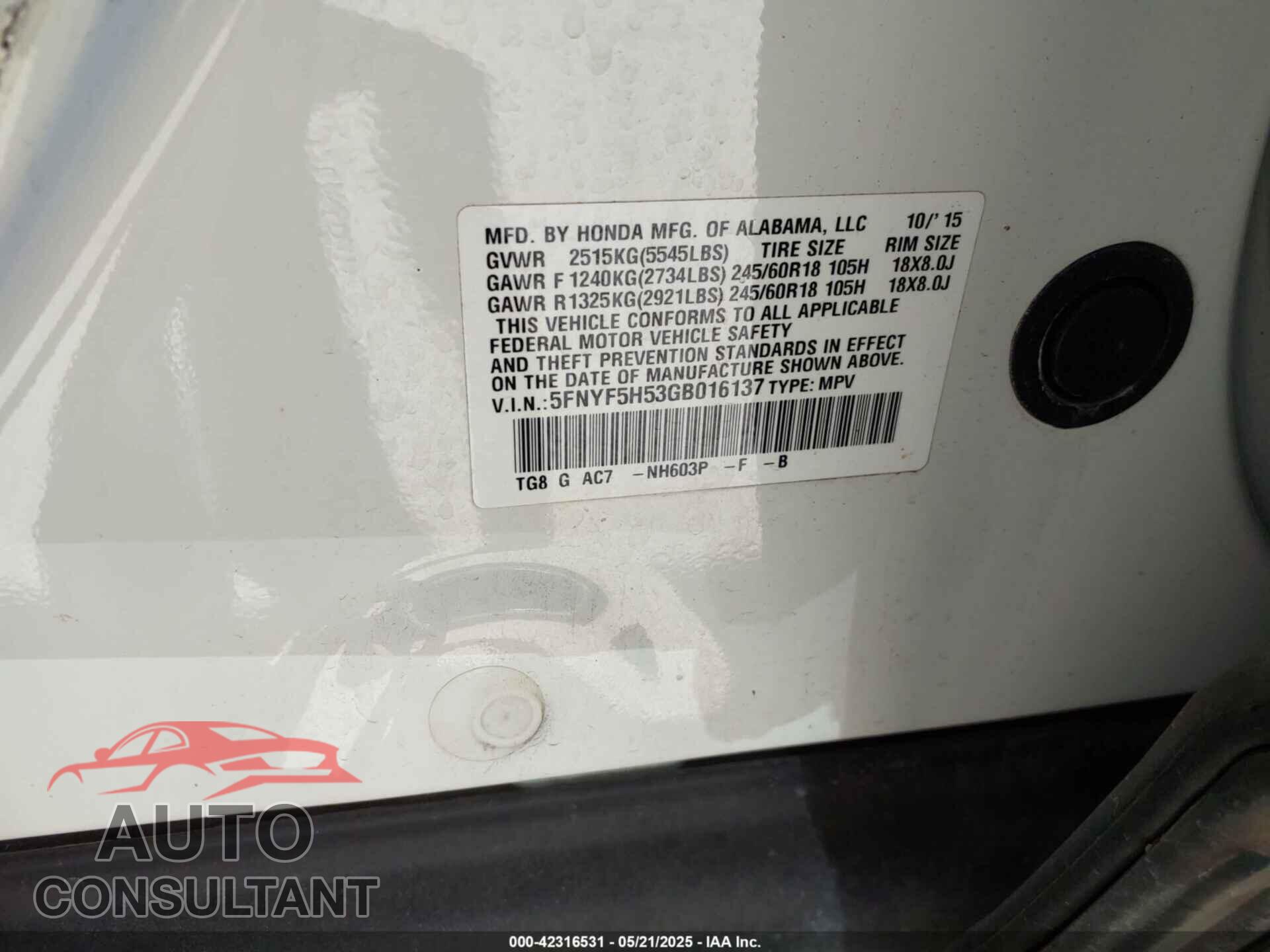 HONDA PILOT 2016 - 5FNYF5H53GB016137