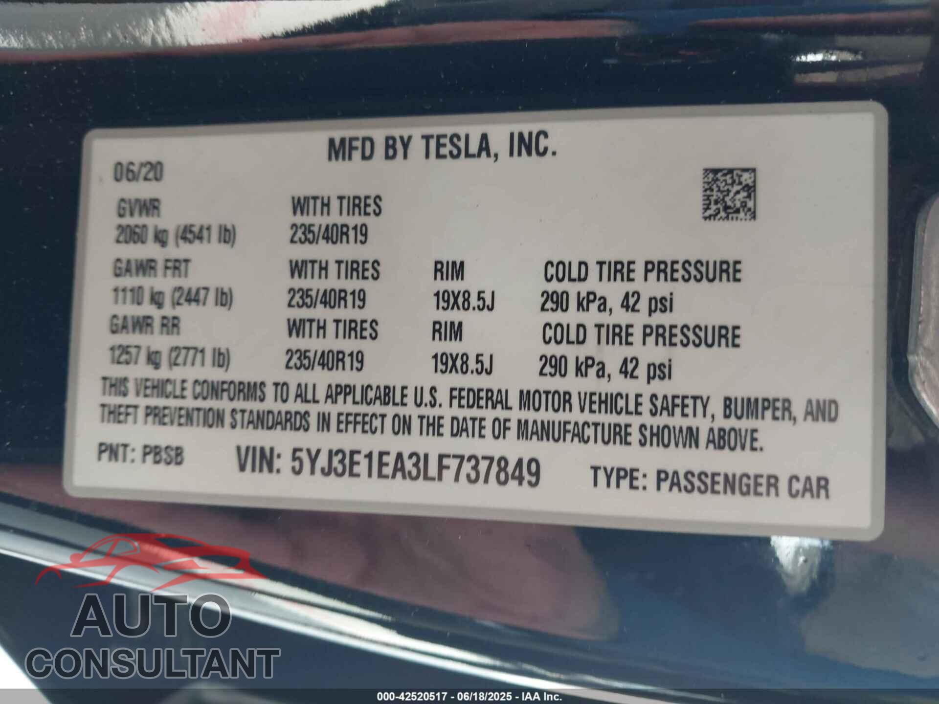 TESLA MODEL 3 2020 - 5YJ3E1EA3LF737849