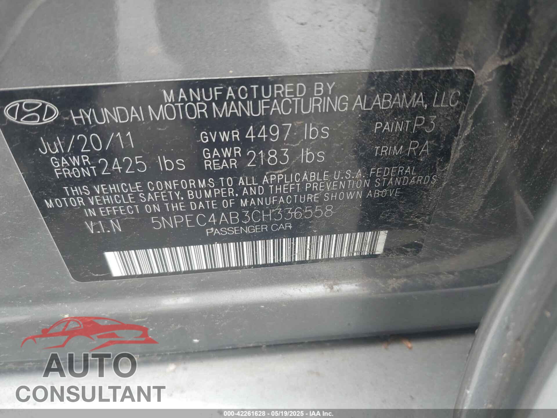 HYUNDAI SONATA 2012 - 5NPEC4AB3CH336558