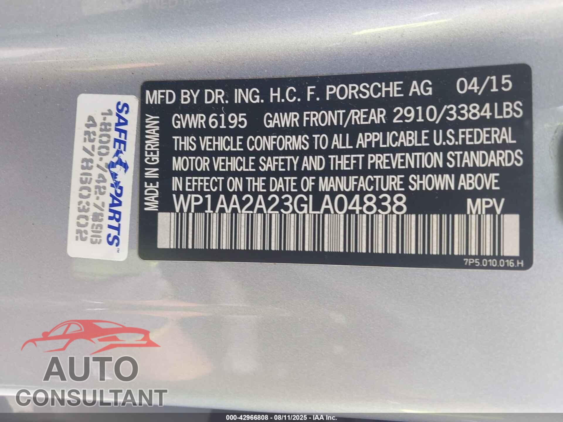 PORSCHE CAYENNE 2016 - WP1AA2A23GLA04838