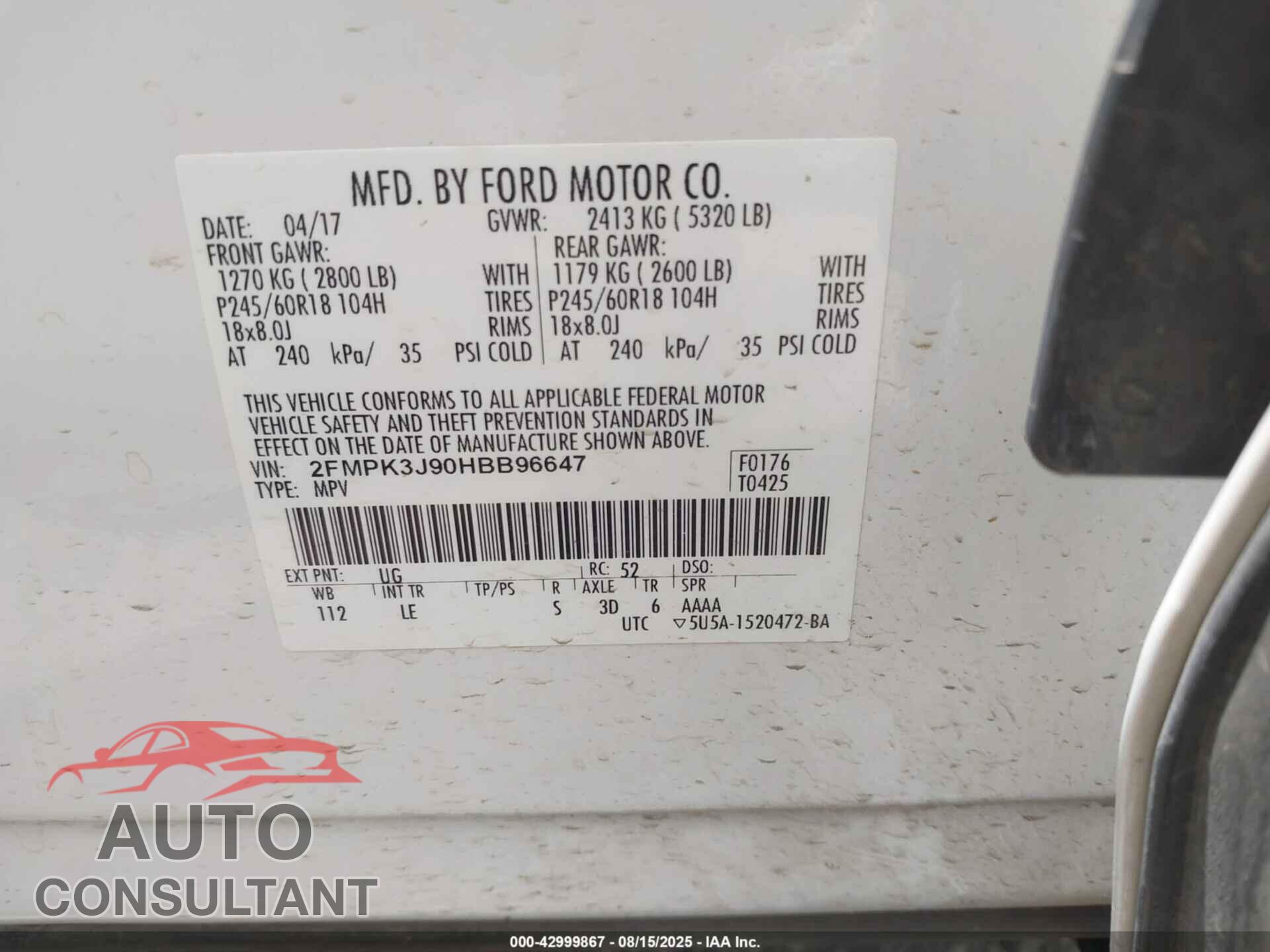 FORD EDGE 2017 - 2FMPK3J90HBB96647