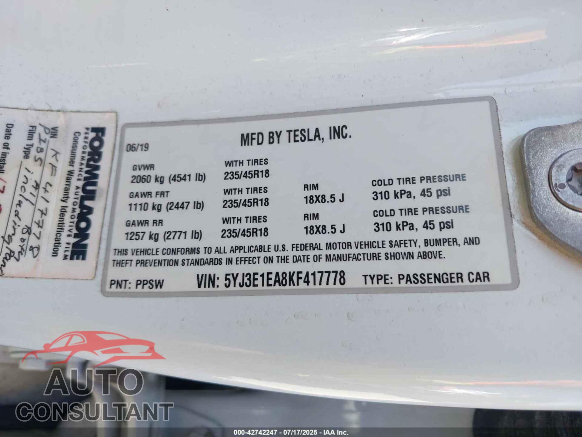 TESLA MODEL 3 2019 - 5YJ3E1EA8KF417778