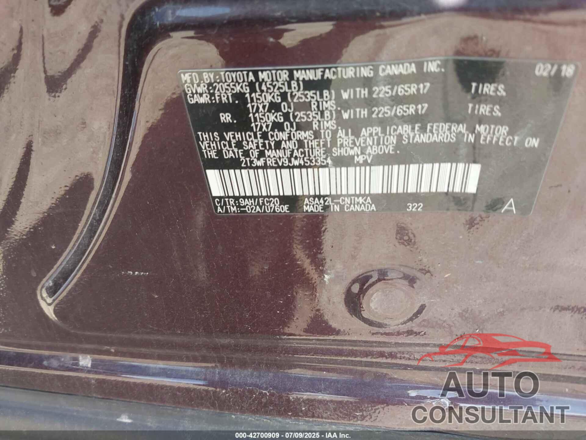 TOYOTA RAV4 2018 - 2T3WFREV9JW453354