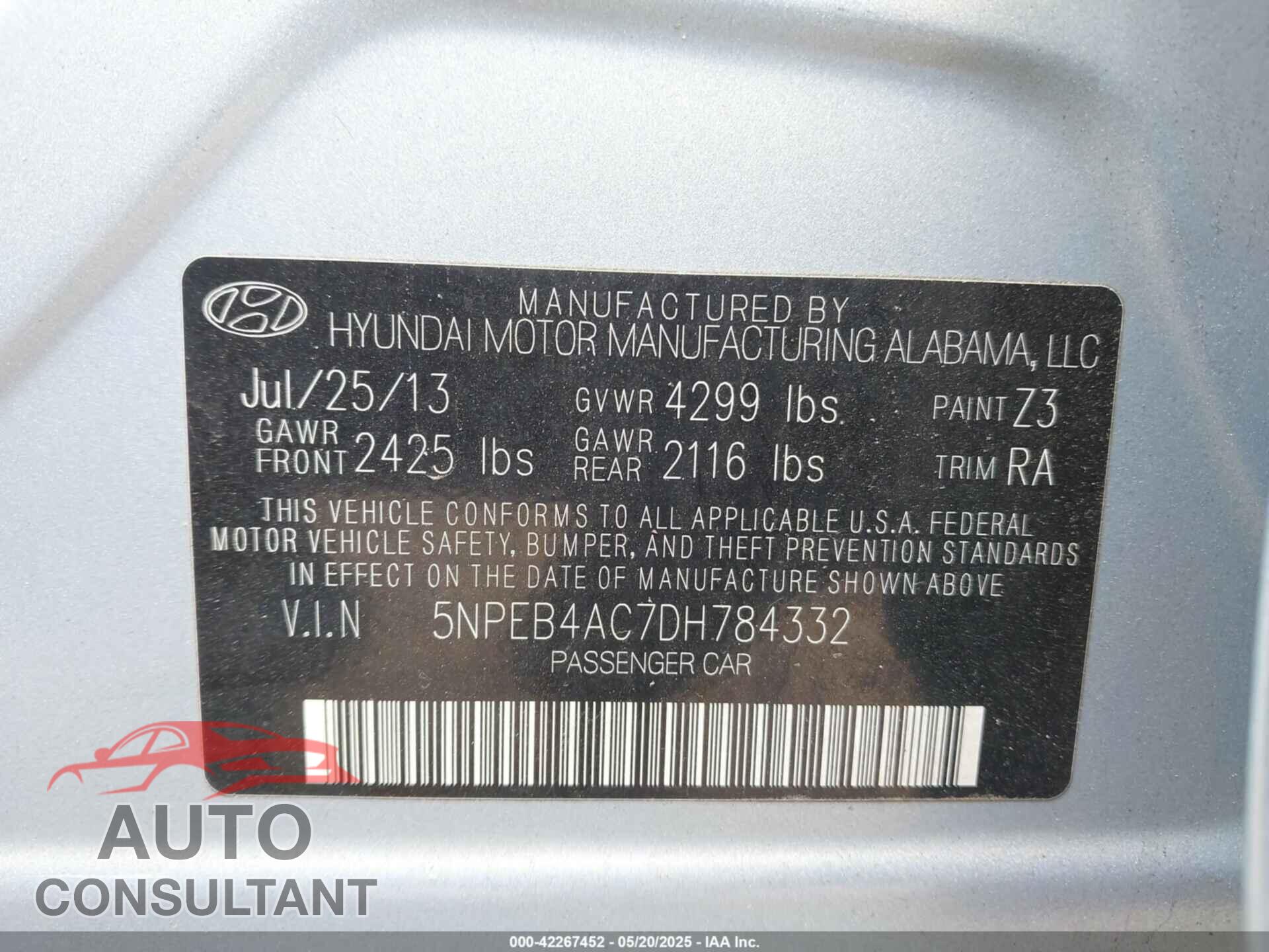 HYUNDAI SONATA 2013 - 5NPEB4AC7DH784332