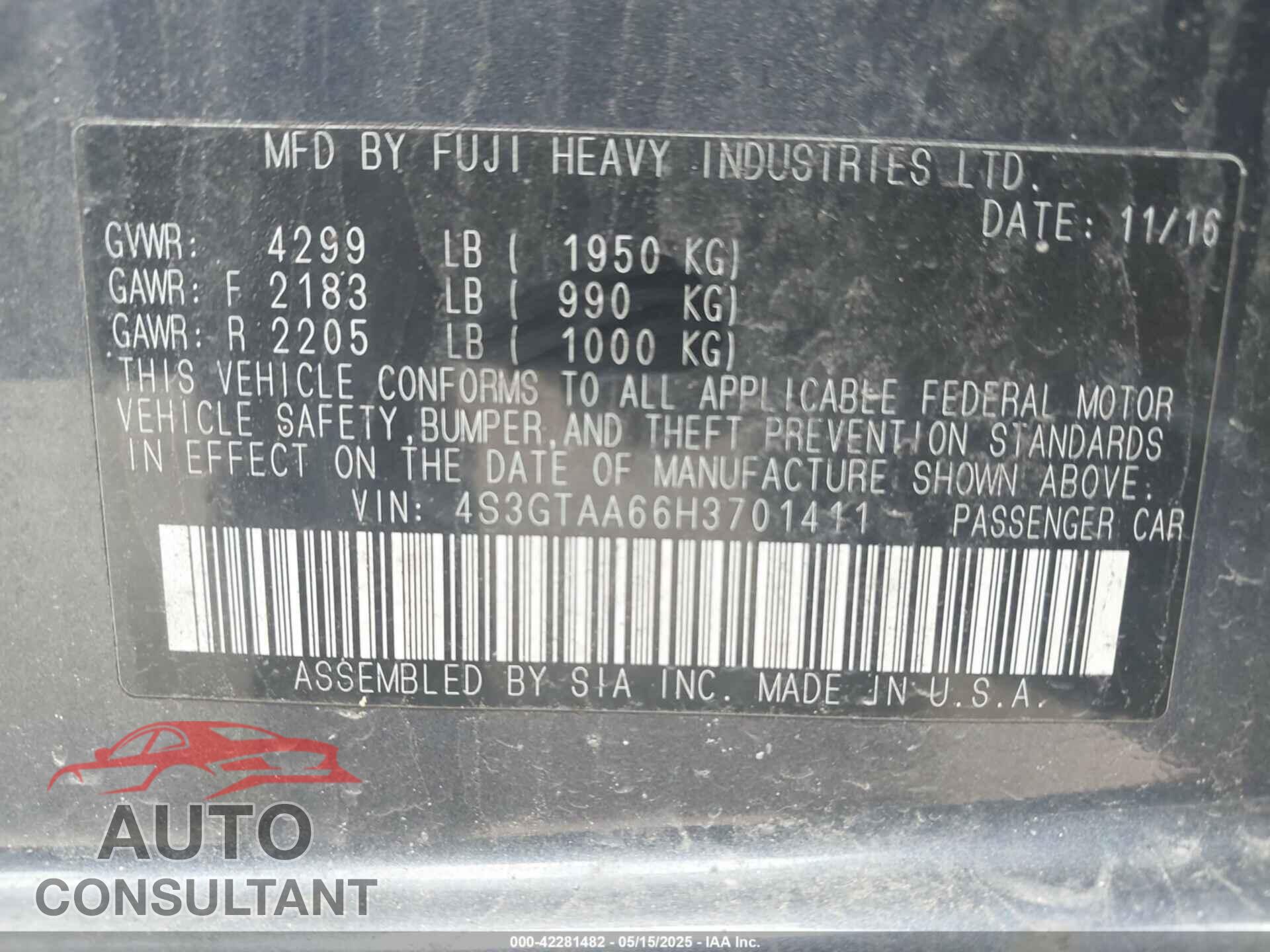 SUBARU IMPREZA 2017 - 4S3GTAA66H3701411