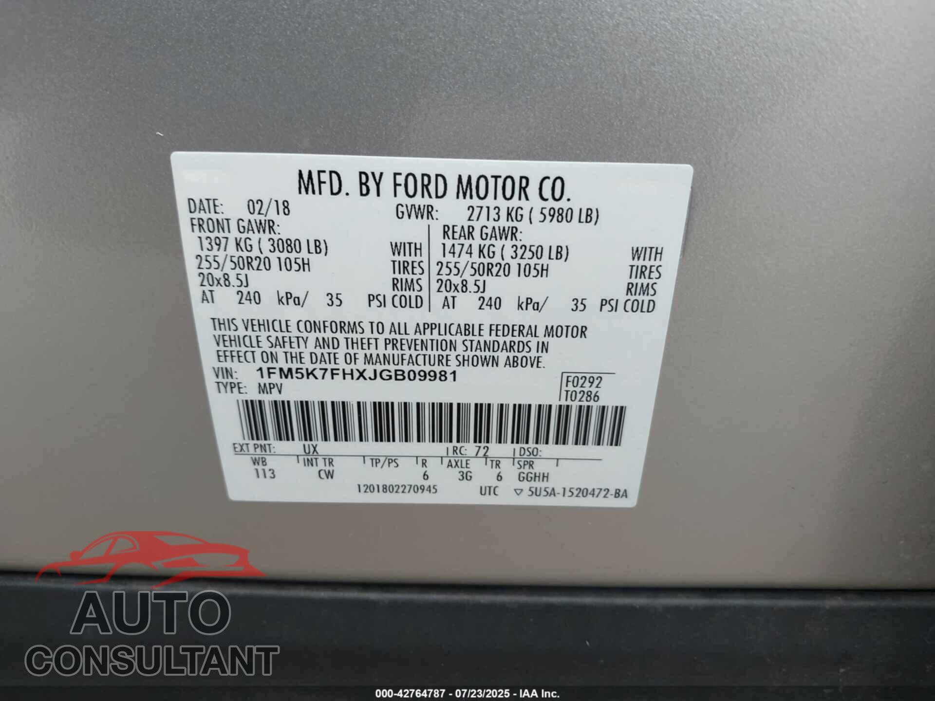 FORD EXPLORER 2018 - 1FM5K7FHXJGB09981