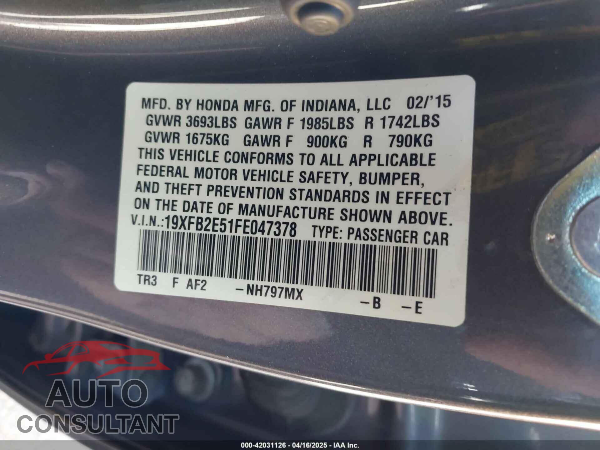 HONDA CIVIC 2015 - 19XFB2E51FE047378
