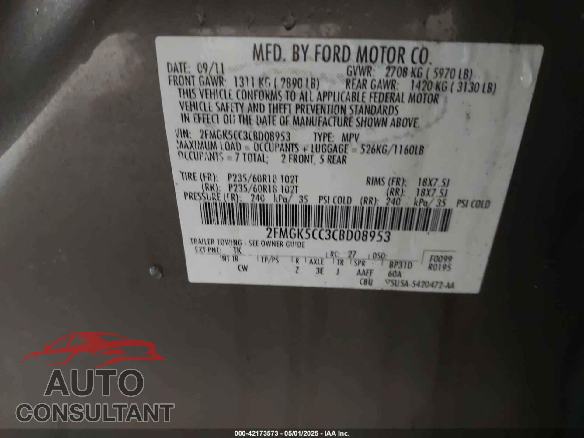 FORD FLEX 2012 - 2FMGK5CC3CBD08953