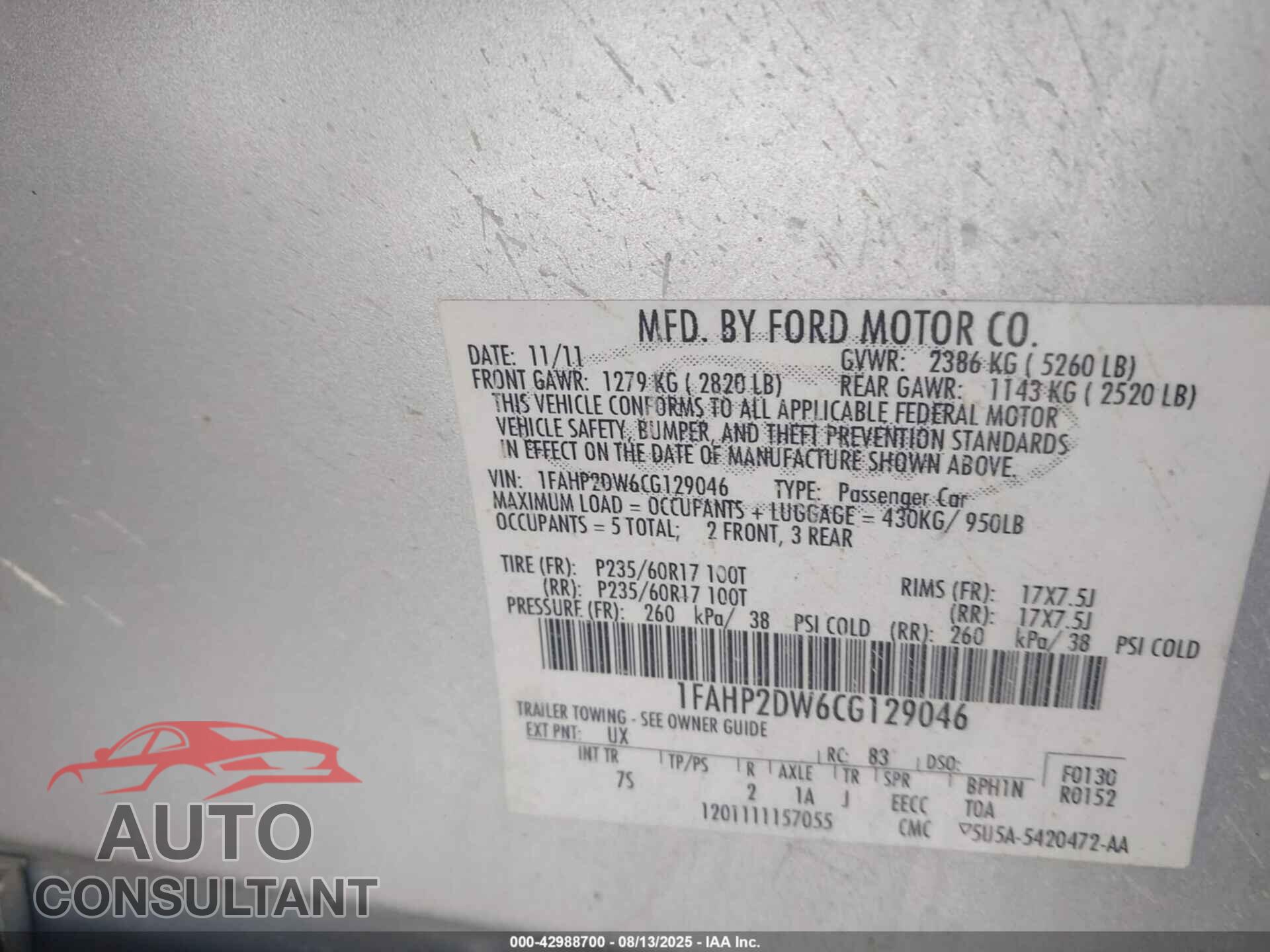 FORD TAURUS 2012 - 1FAHP2DW6CG129046