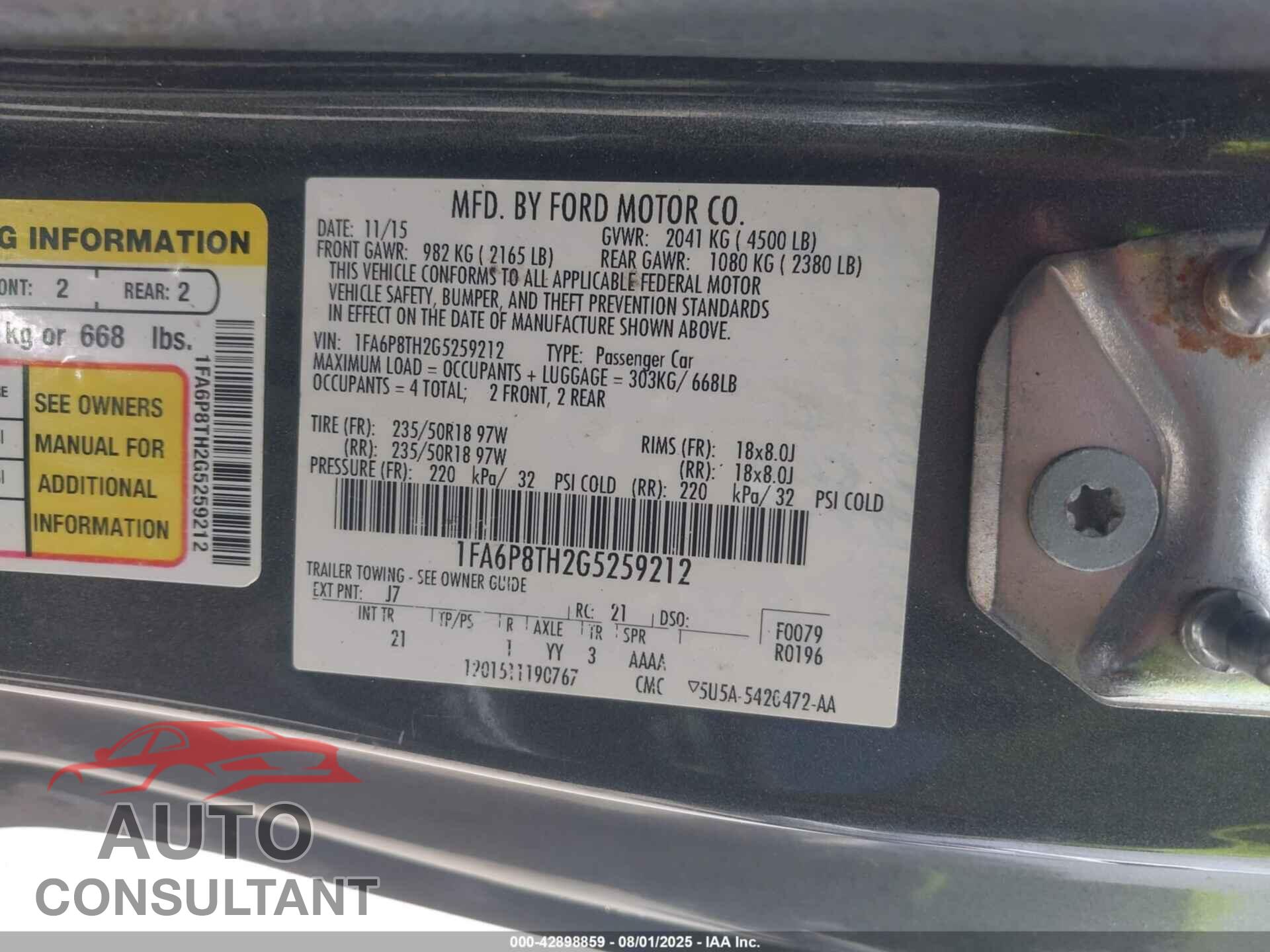 FORD MUSTANG 2016 - 1FA6P8TH2G5259212