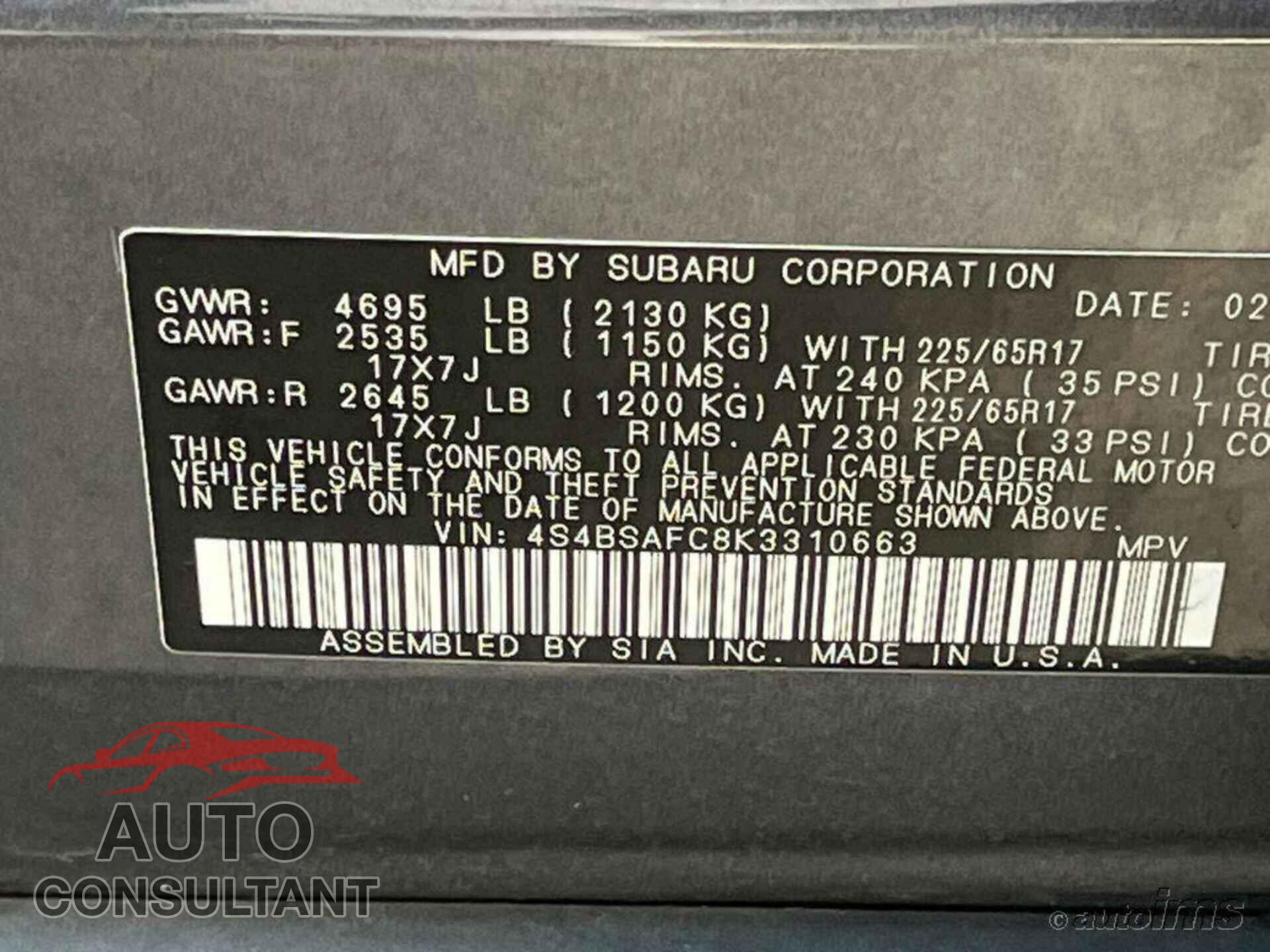SUBARU OUTBACK 2019 - 4S4BSAFC8K3310663