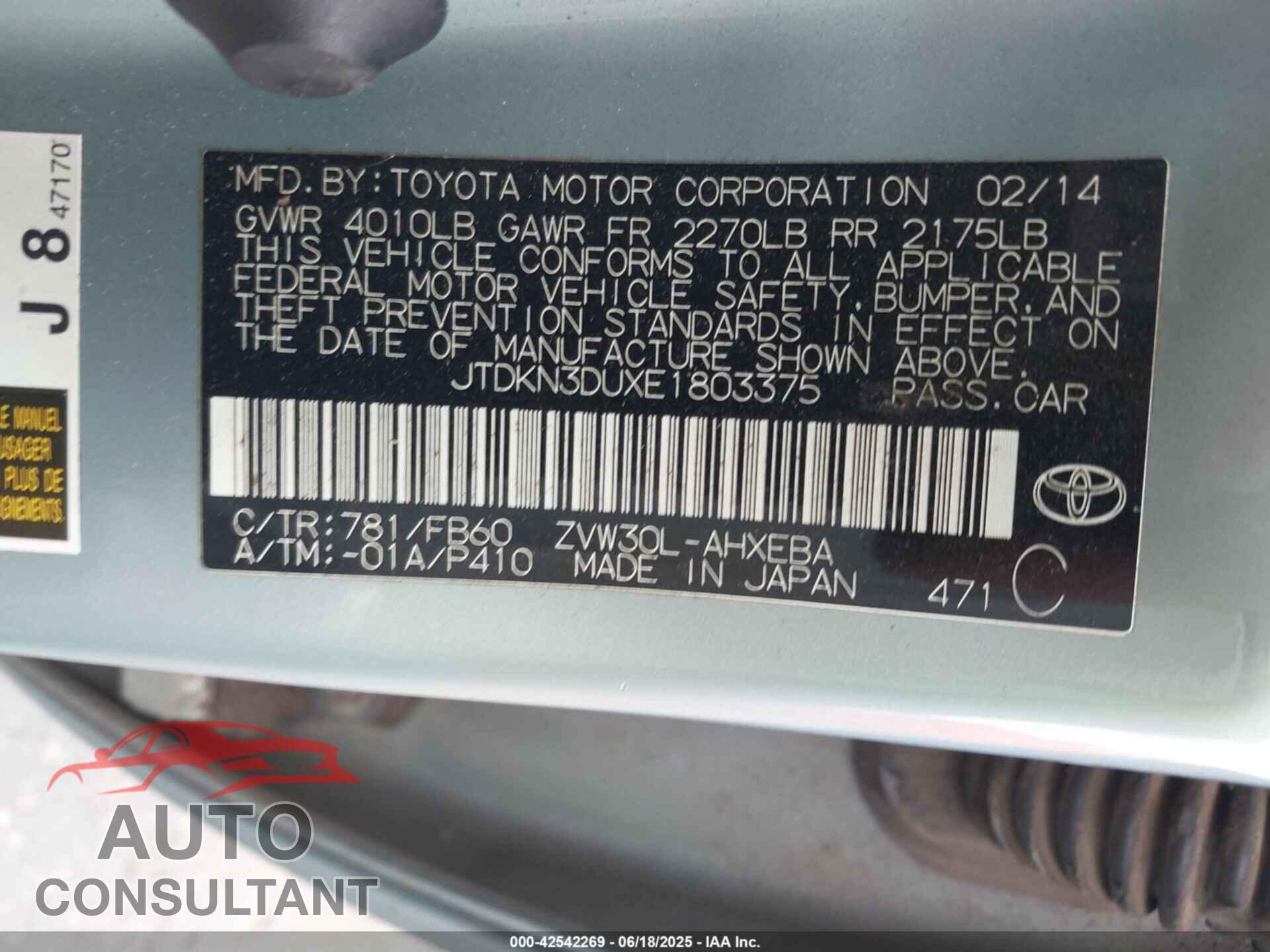 TOYOTA PRIUS 2014 - JTDKN3DUXE1803375