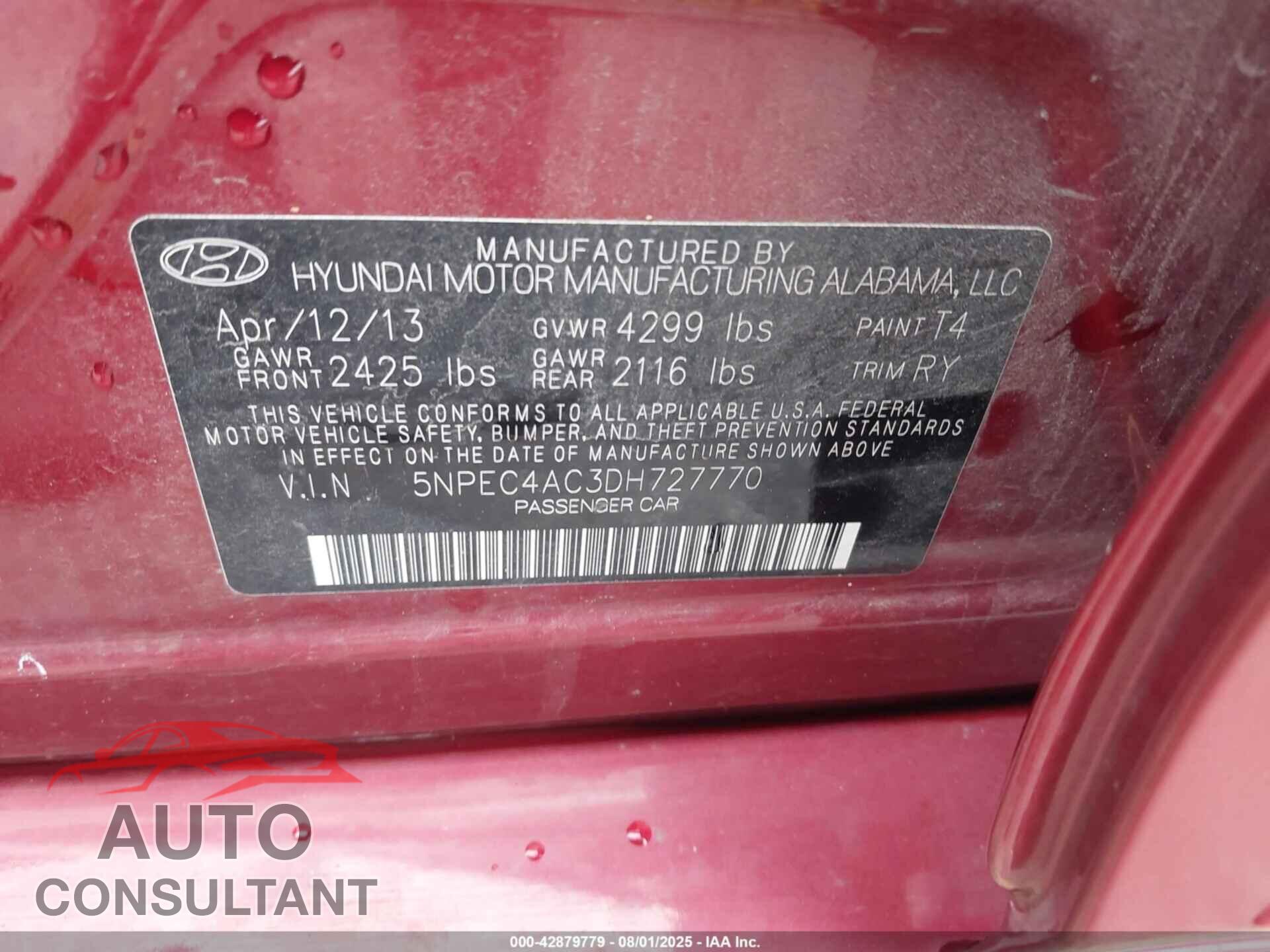 HYUNDAI SONATA 2013 - 5NPEC4AC3DH727770