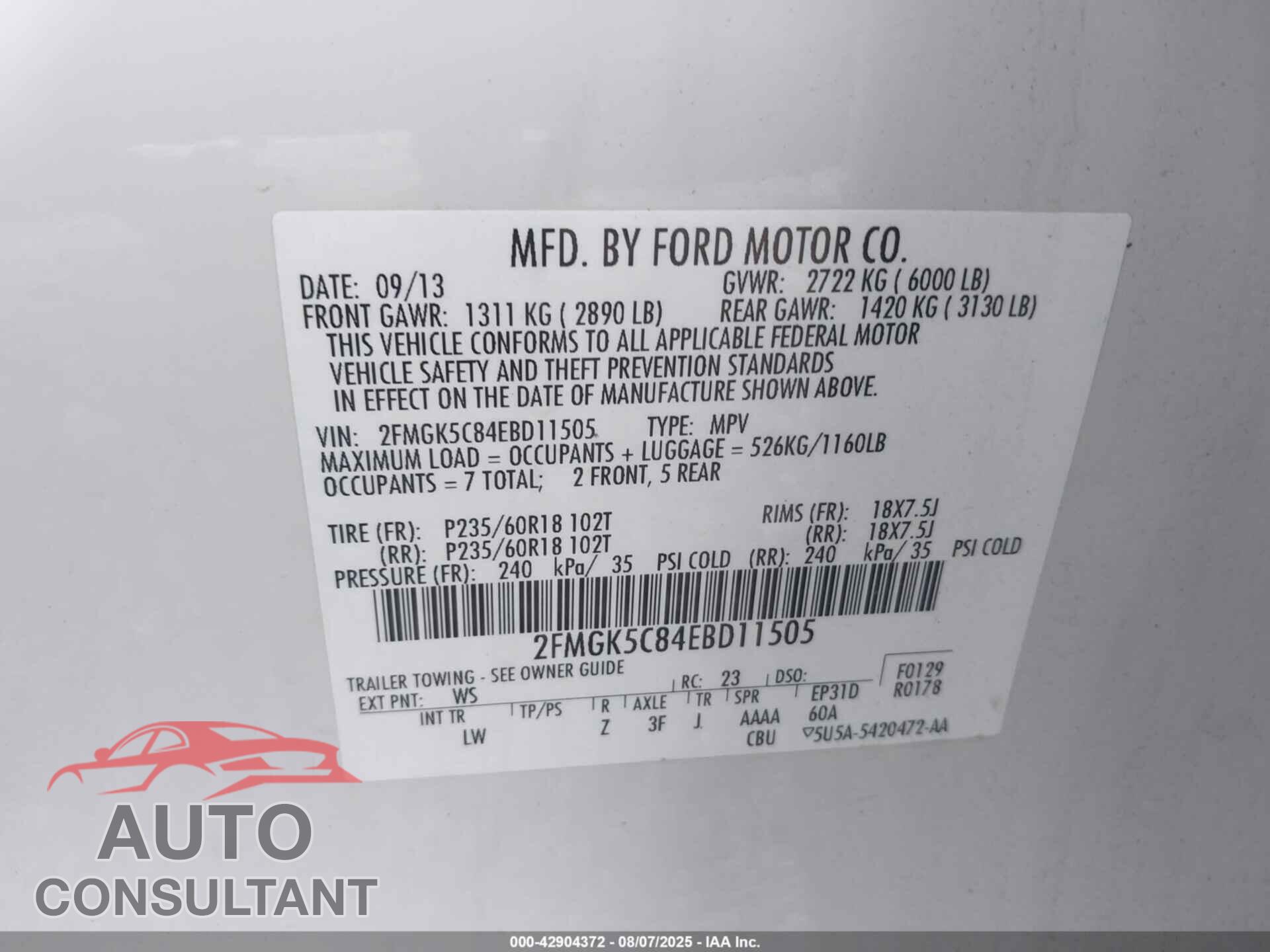 FORD FLEX 2014 - 2FMGK5C84EBD11505