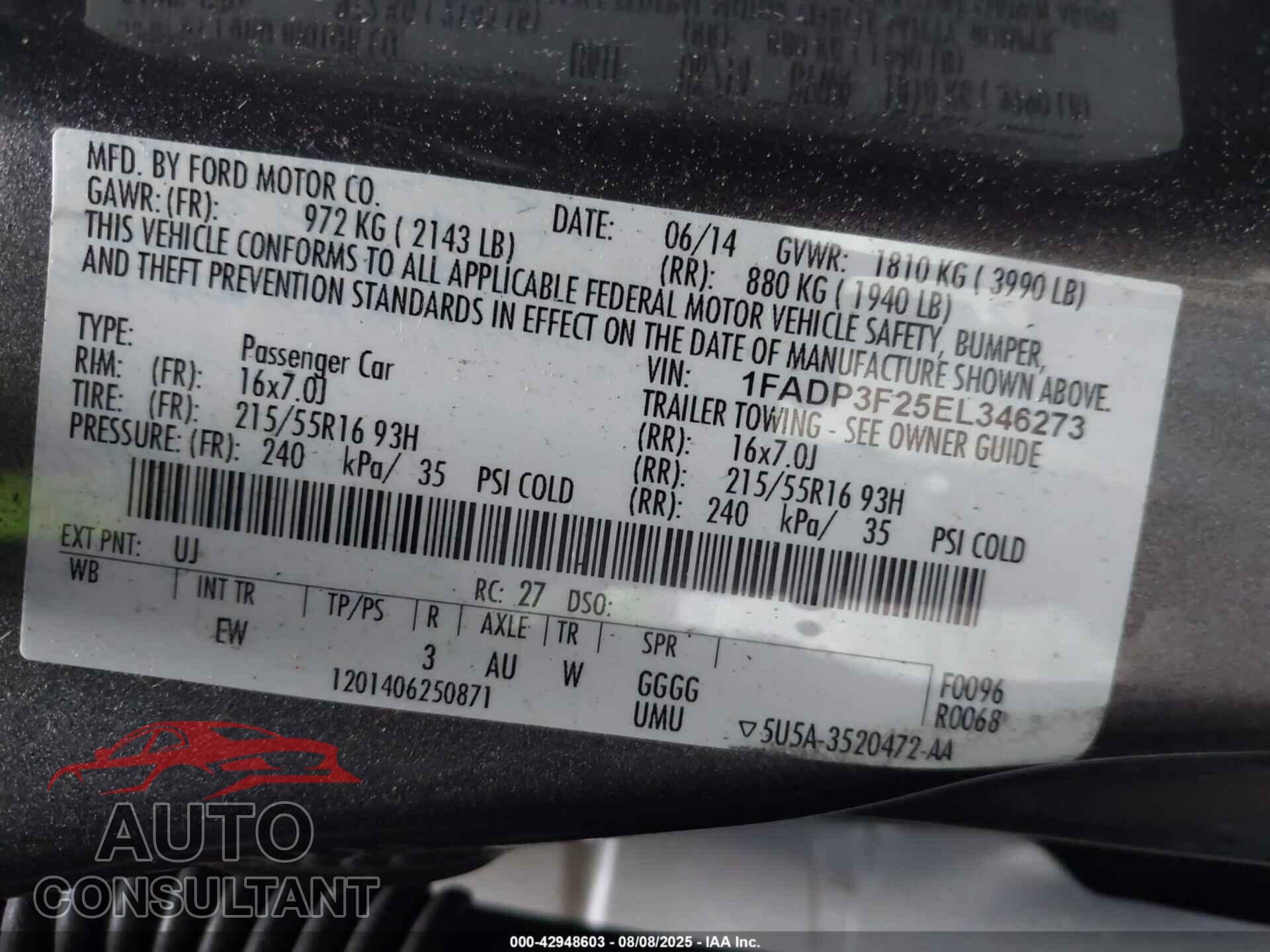 FORD FOCUS 2014 - 1FADP3F25EL346273