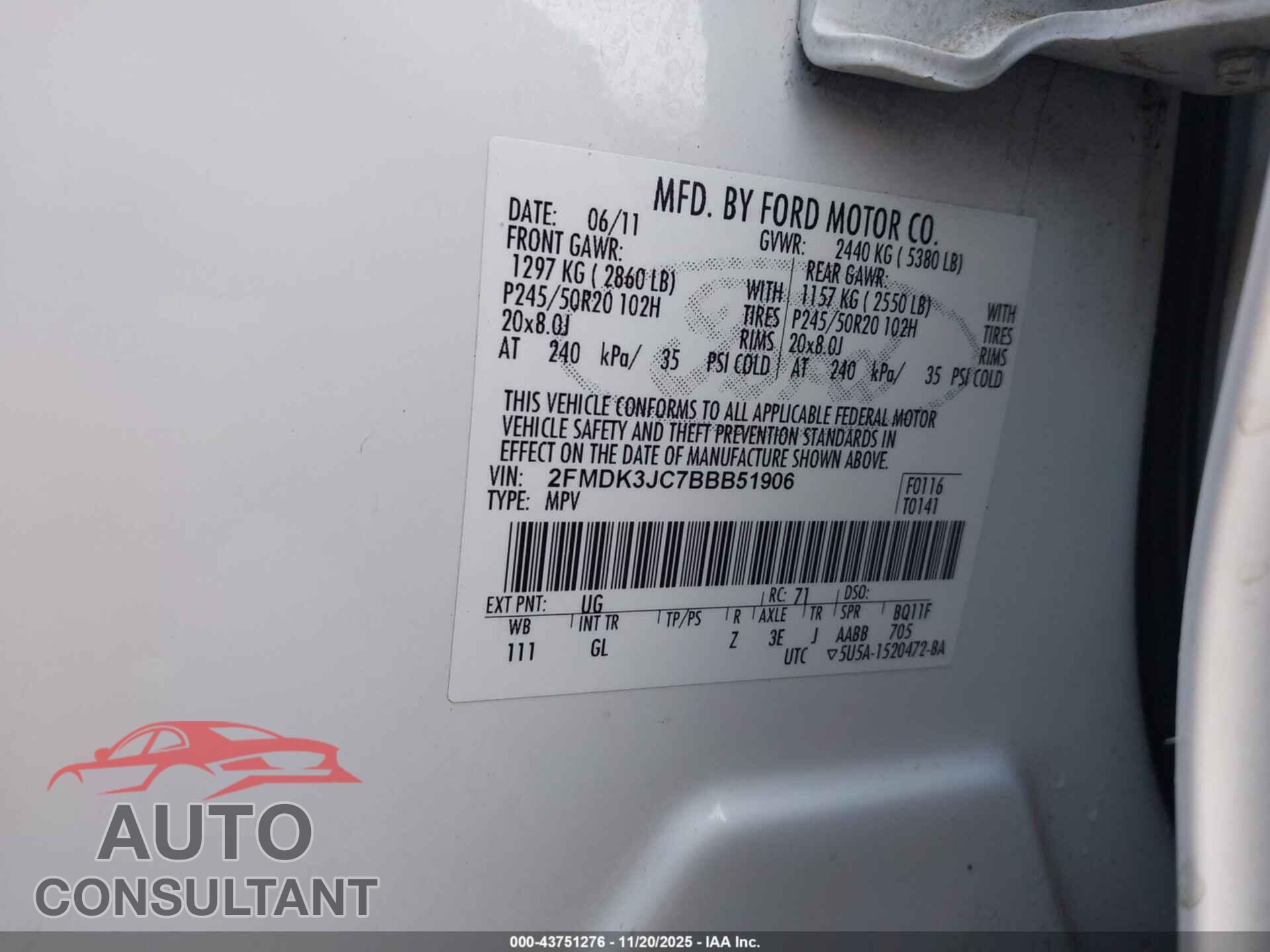 FORD EDGE 2011 - 2FMDK3JC7BBB51906