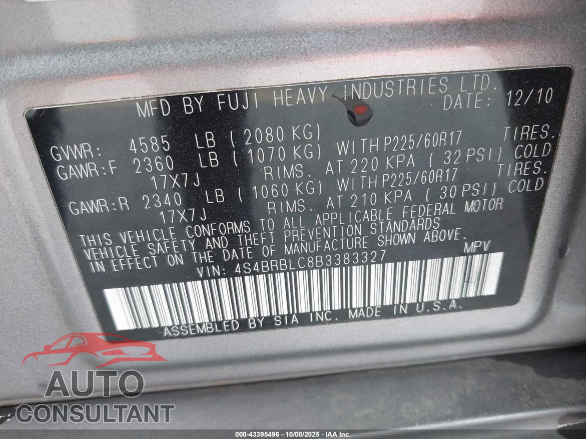 SUBARU OUTBACK 2011 - 4S4BRBLC8B3383327