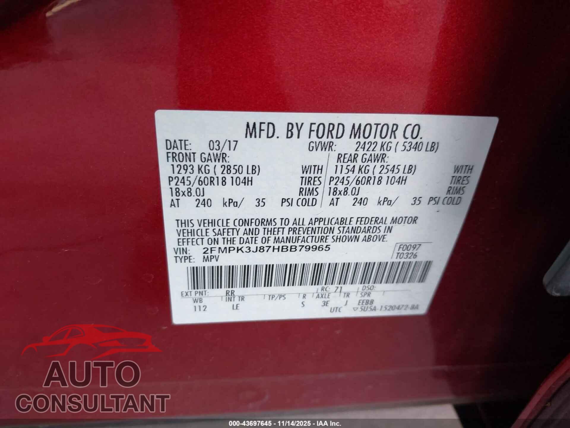 FORD EDGE 2017 - 2FMPK3J87HBB79965