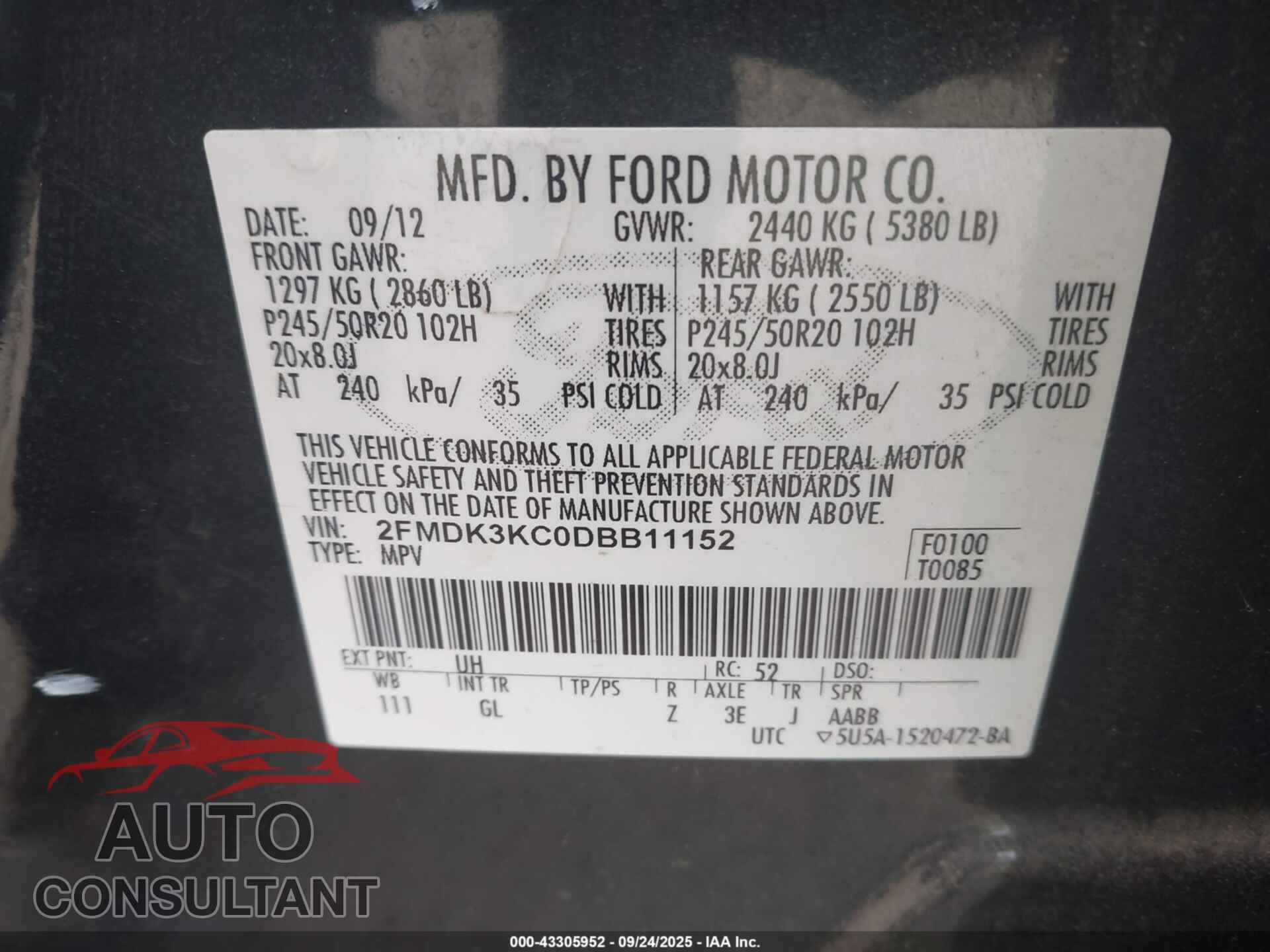 FORD EDGE 2013 - 2FMDK3KC0DBB11152