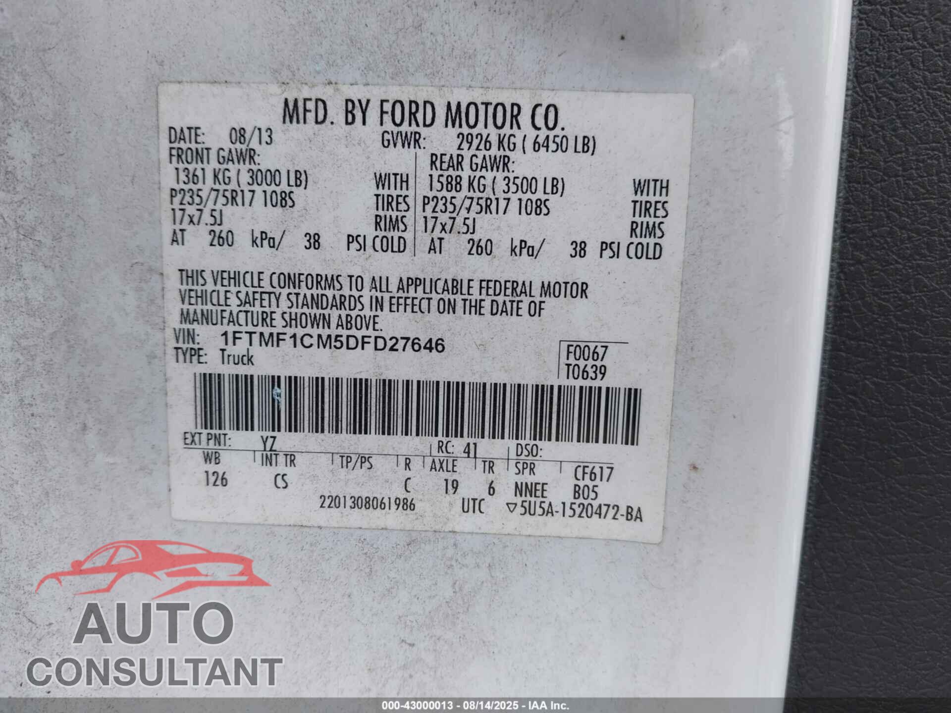 FORD F-150 2013 - 1FTMF1CM5DFD27646