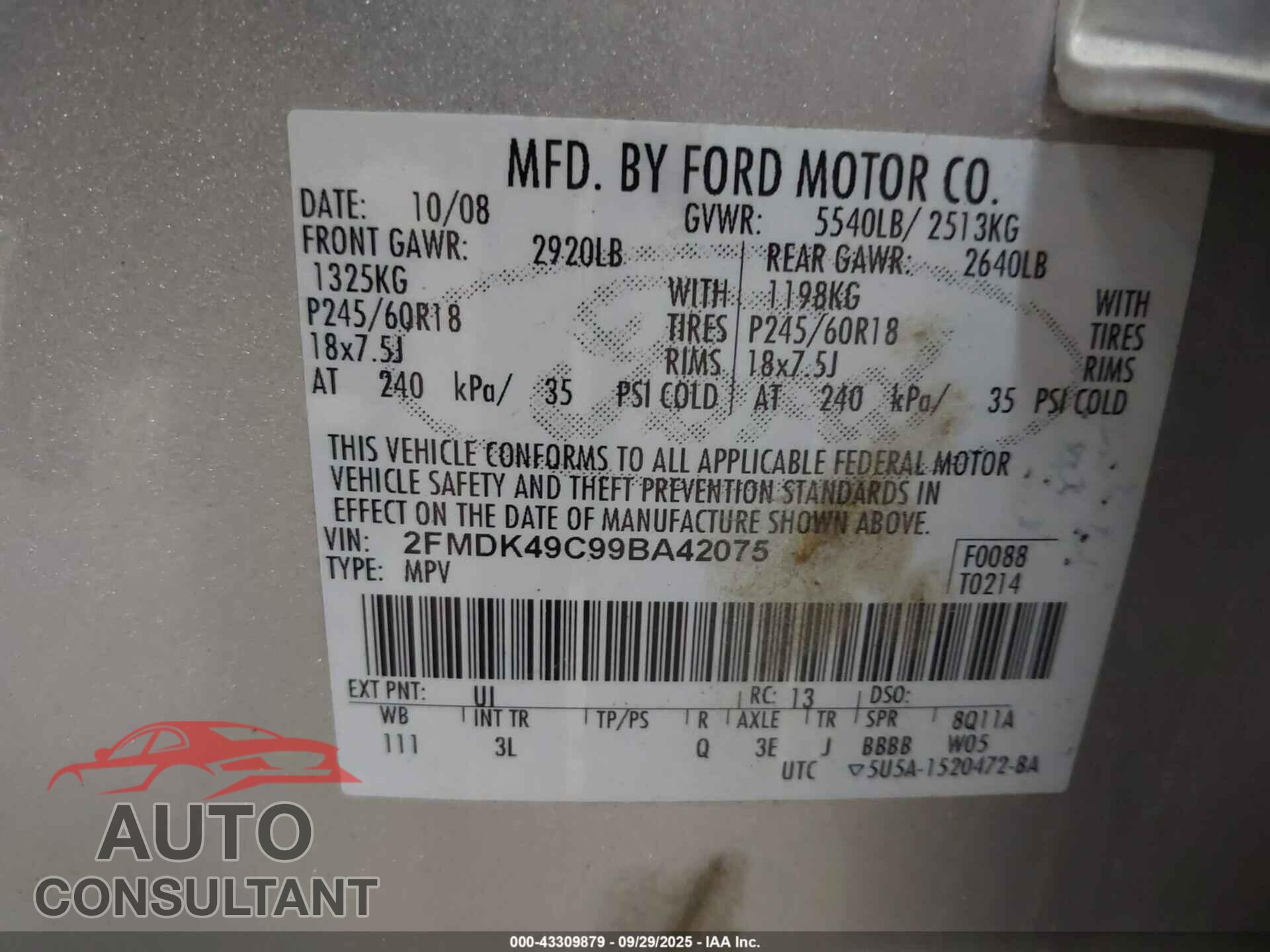 FORD EDGE 2009 - 2FMDK49C99BA42075