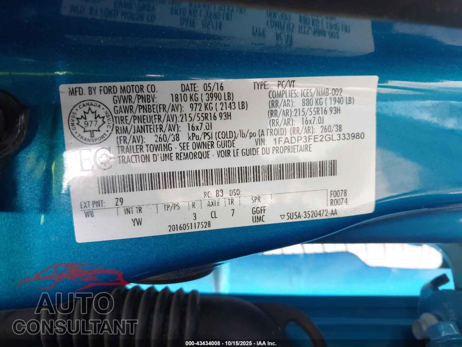 FORD FOCUS 2016 - 1FADP3FE2GL333980