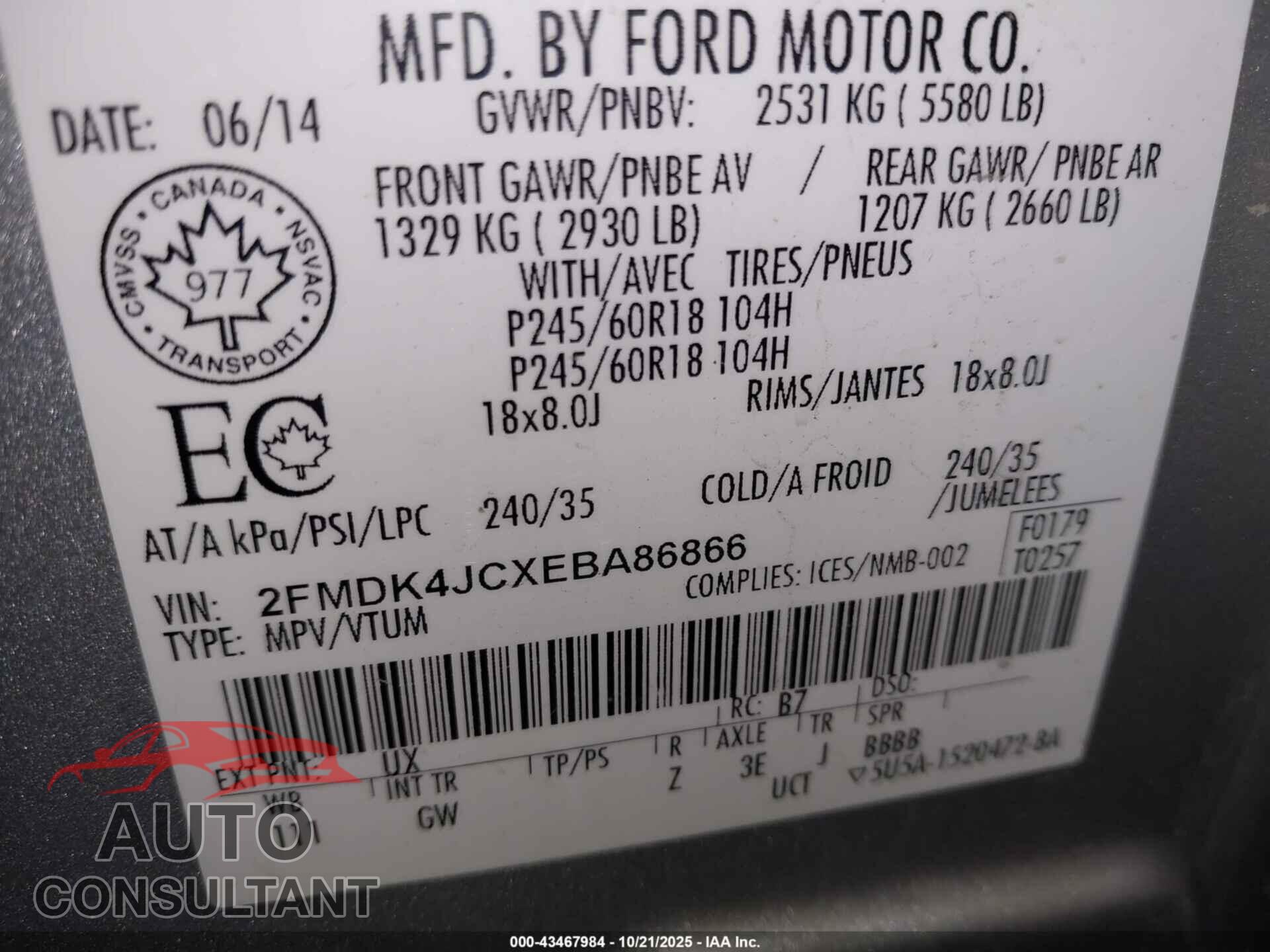 FORD EDGE 2014 - 2FMDK4JCXEBA86866