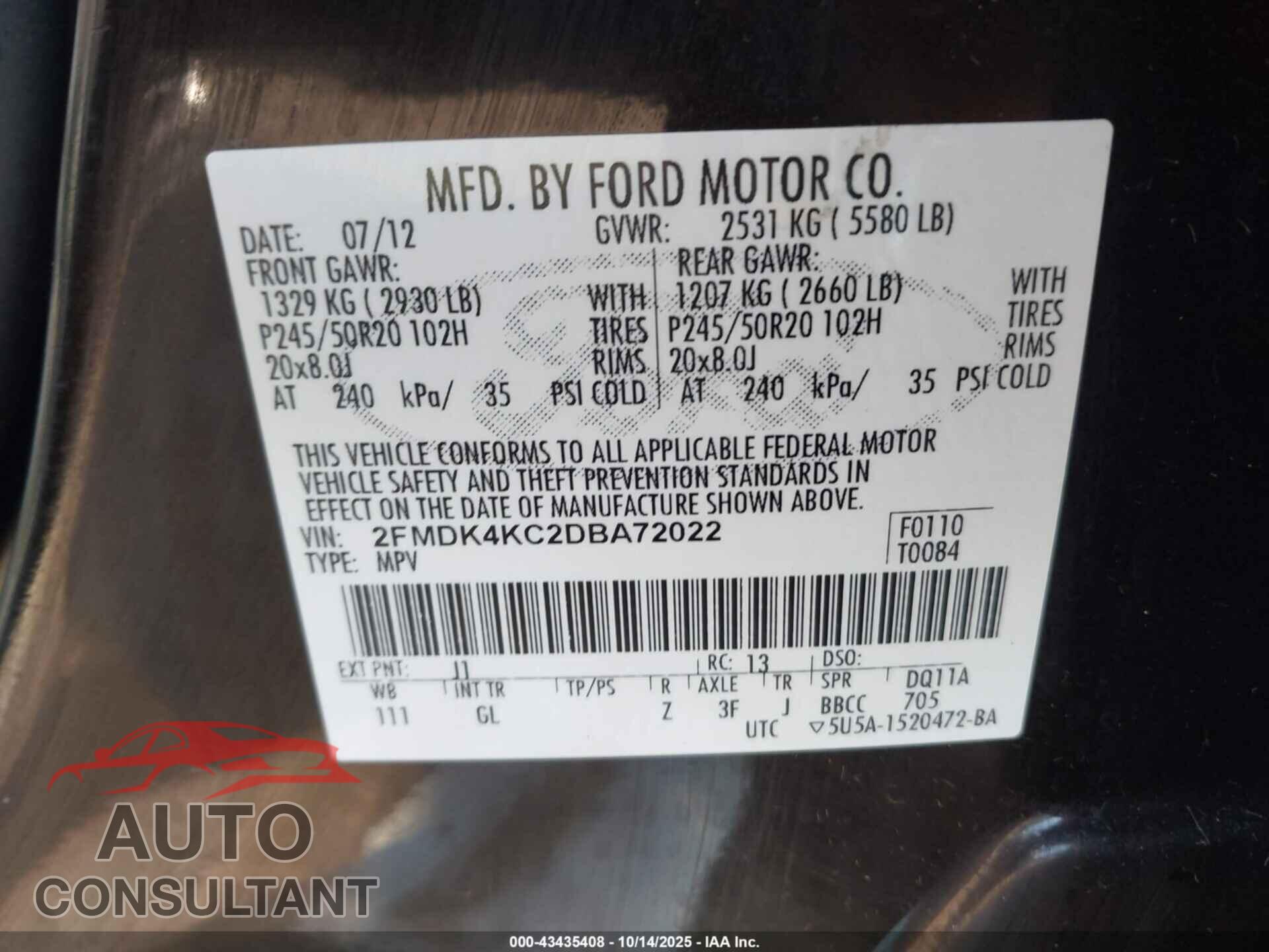 FORD EDGE 2013 - 2FMDK4KC2DBA72022