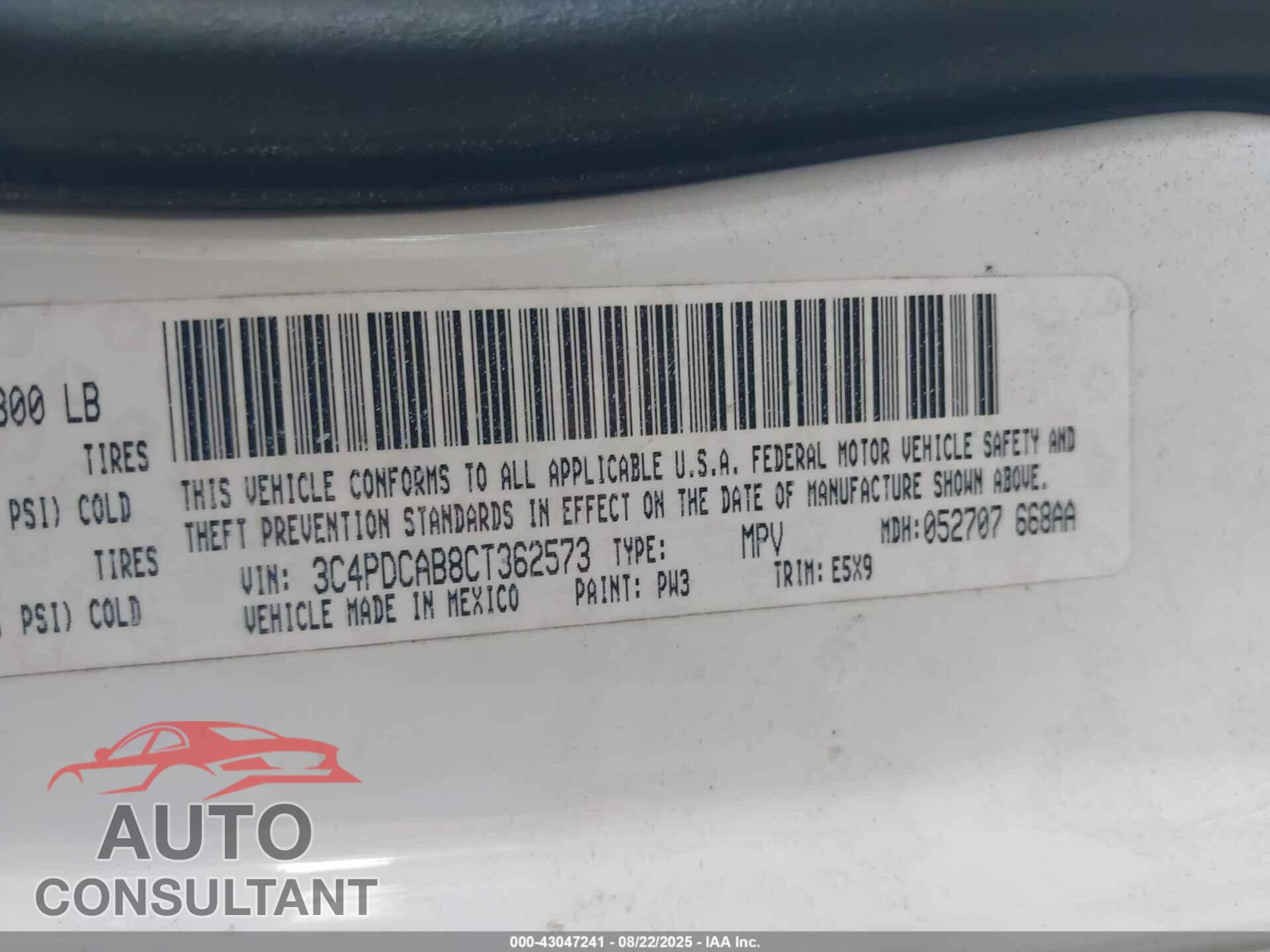 DODGE JOURNEY 2012 - 3C4PDCAB8CT362573