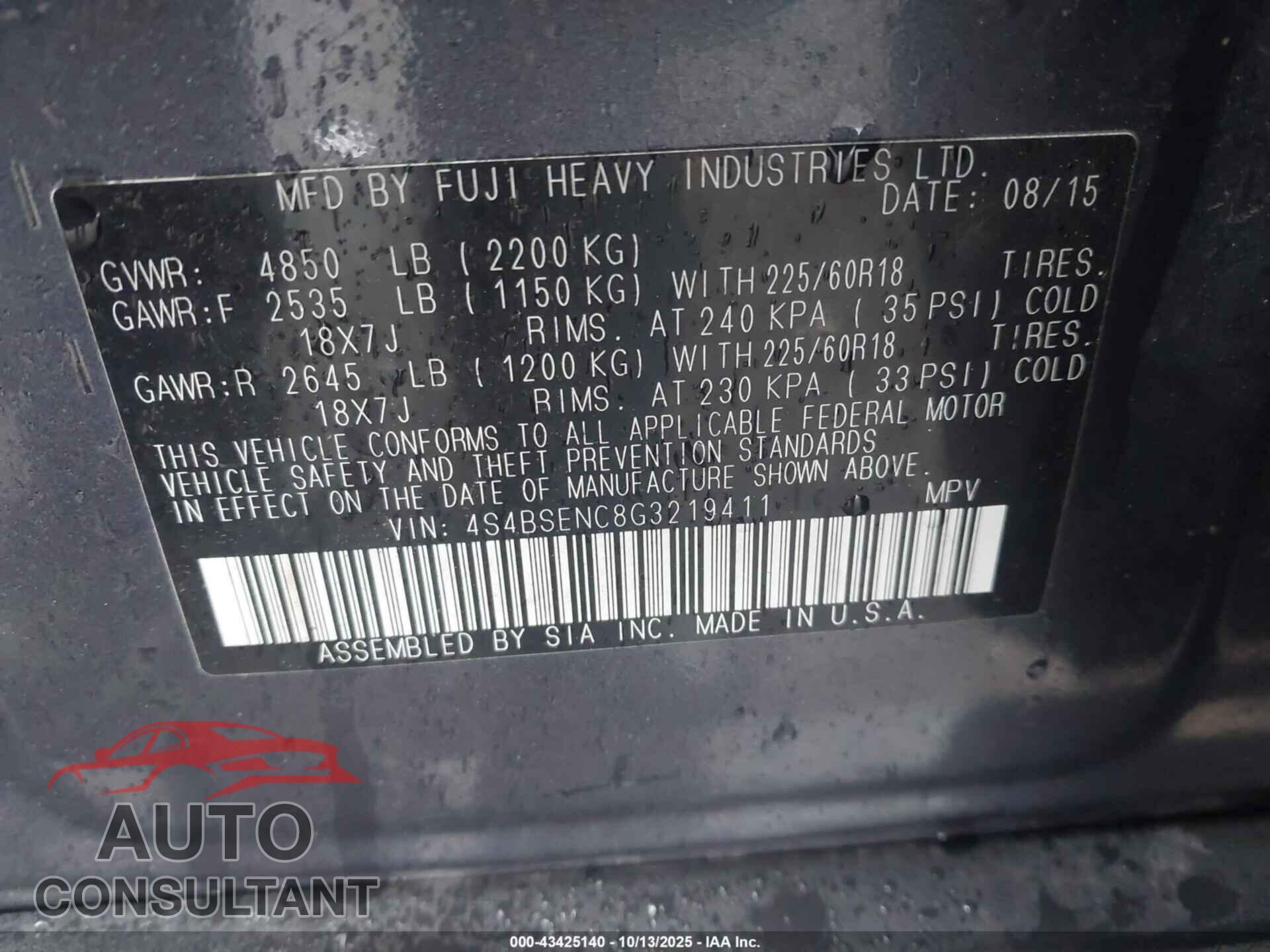SUBARU OUTBACK 2016 - 4S4BSENC8G3219411