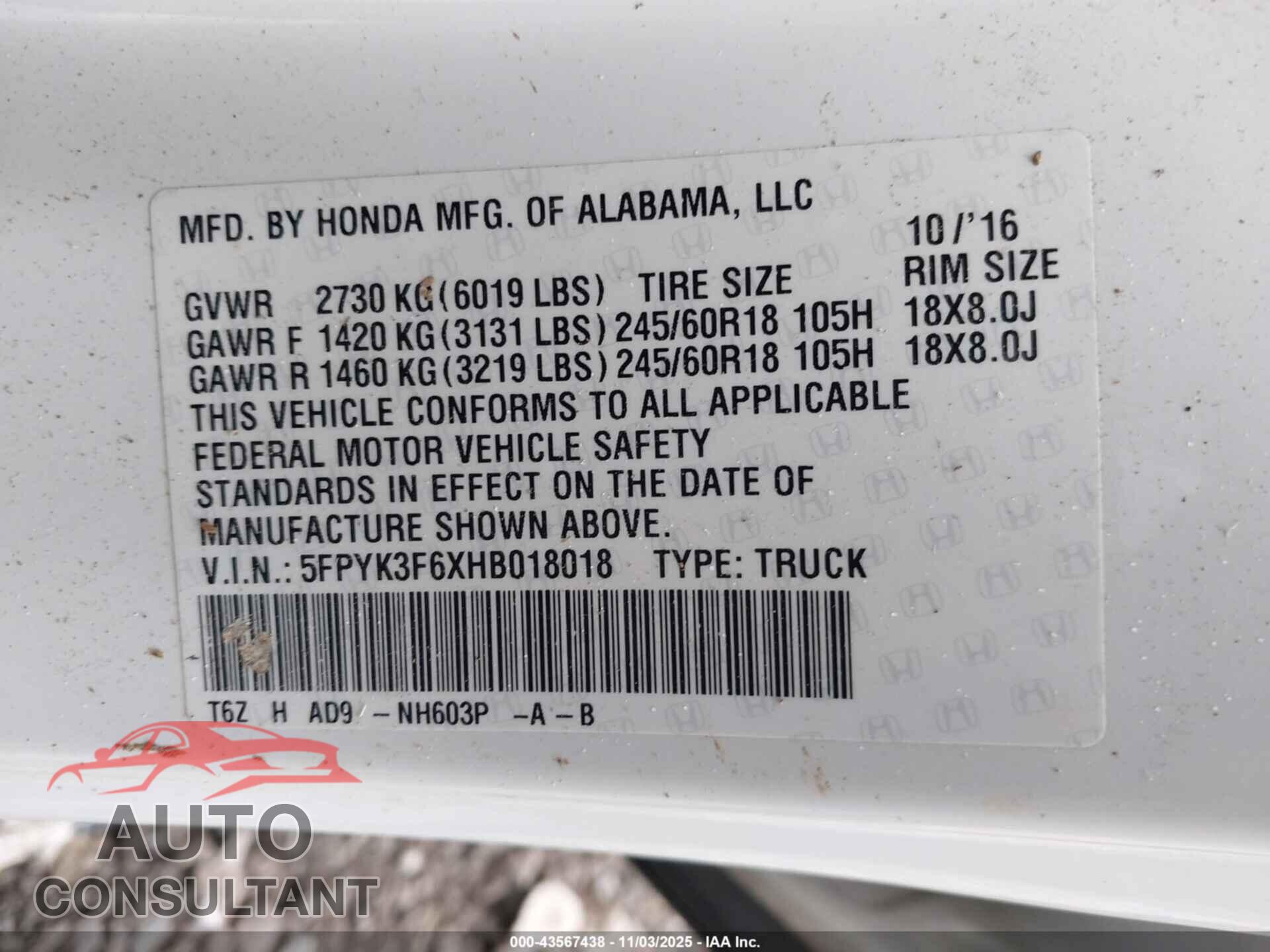 HONDA RIDGELINE 2017 - 5FPYK3F6XHB018018