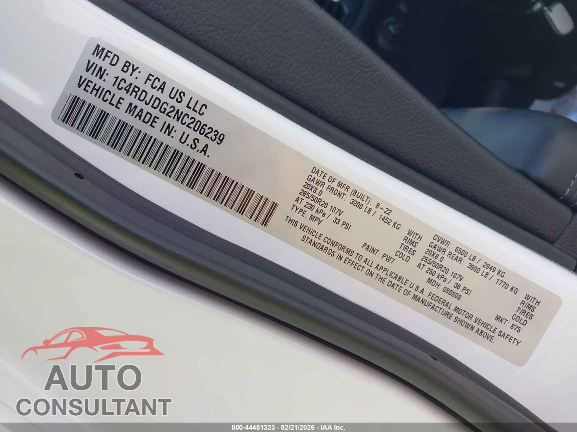 DODGE DURANGO 2022 - 1C4RDJDG2NC206239