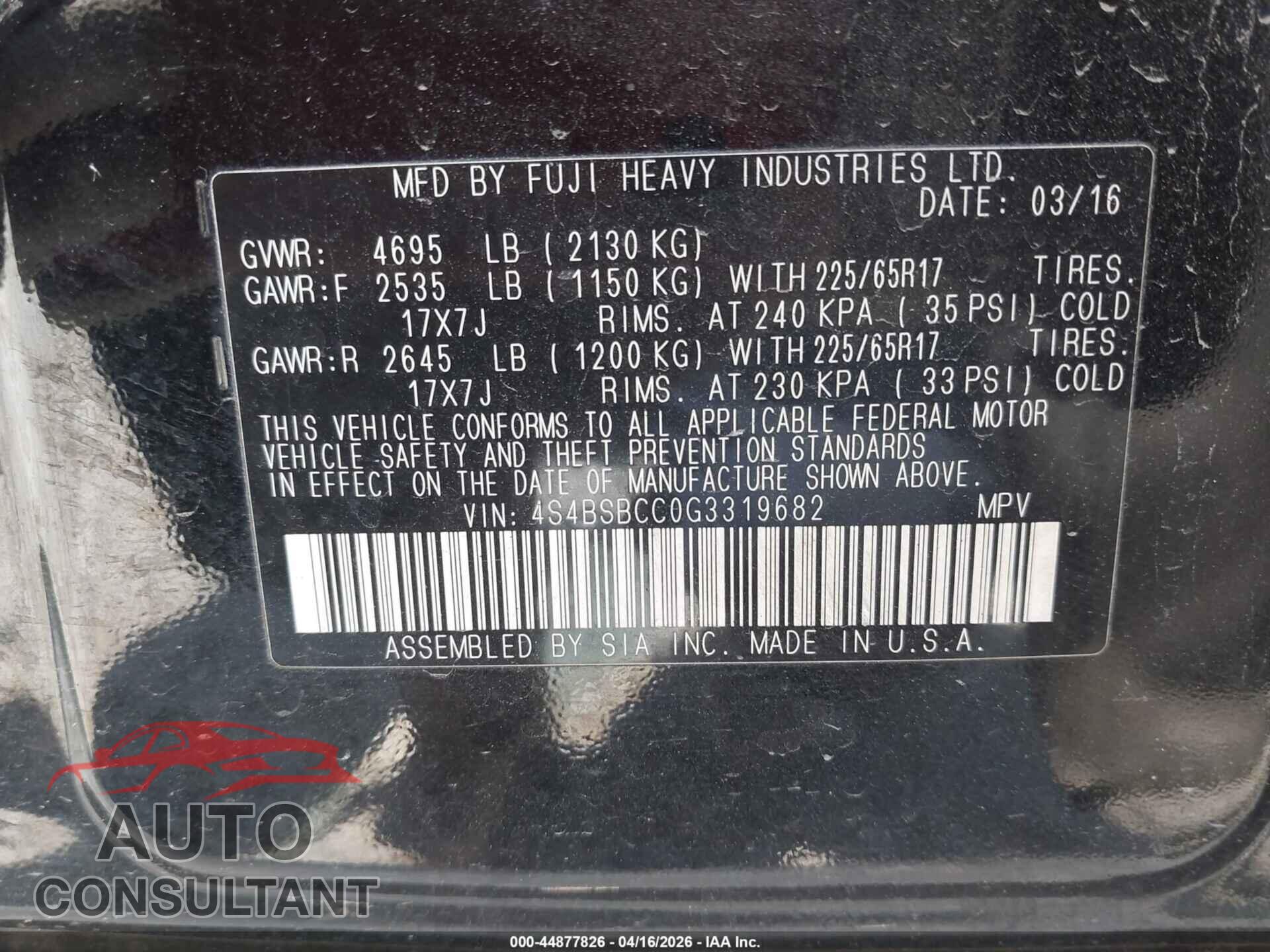 SUBARU OUTBACK 2016 - 4S4BSBCC0G3319682
