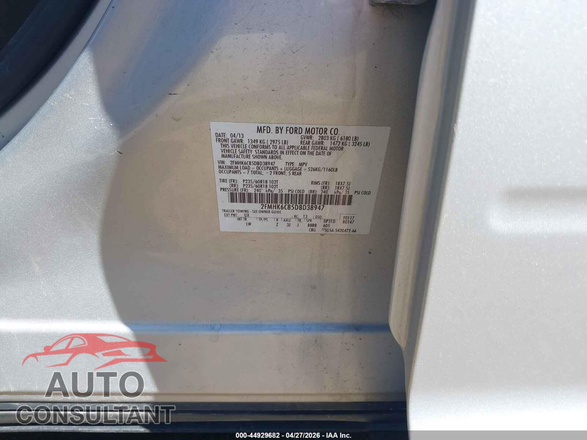FORD FLEX 2013 - 2FMHK6C85DBD38947