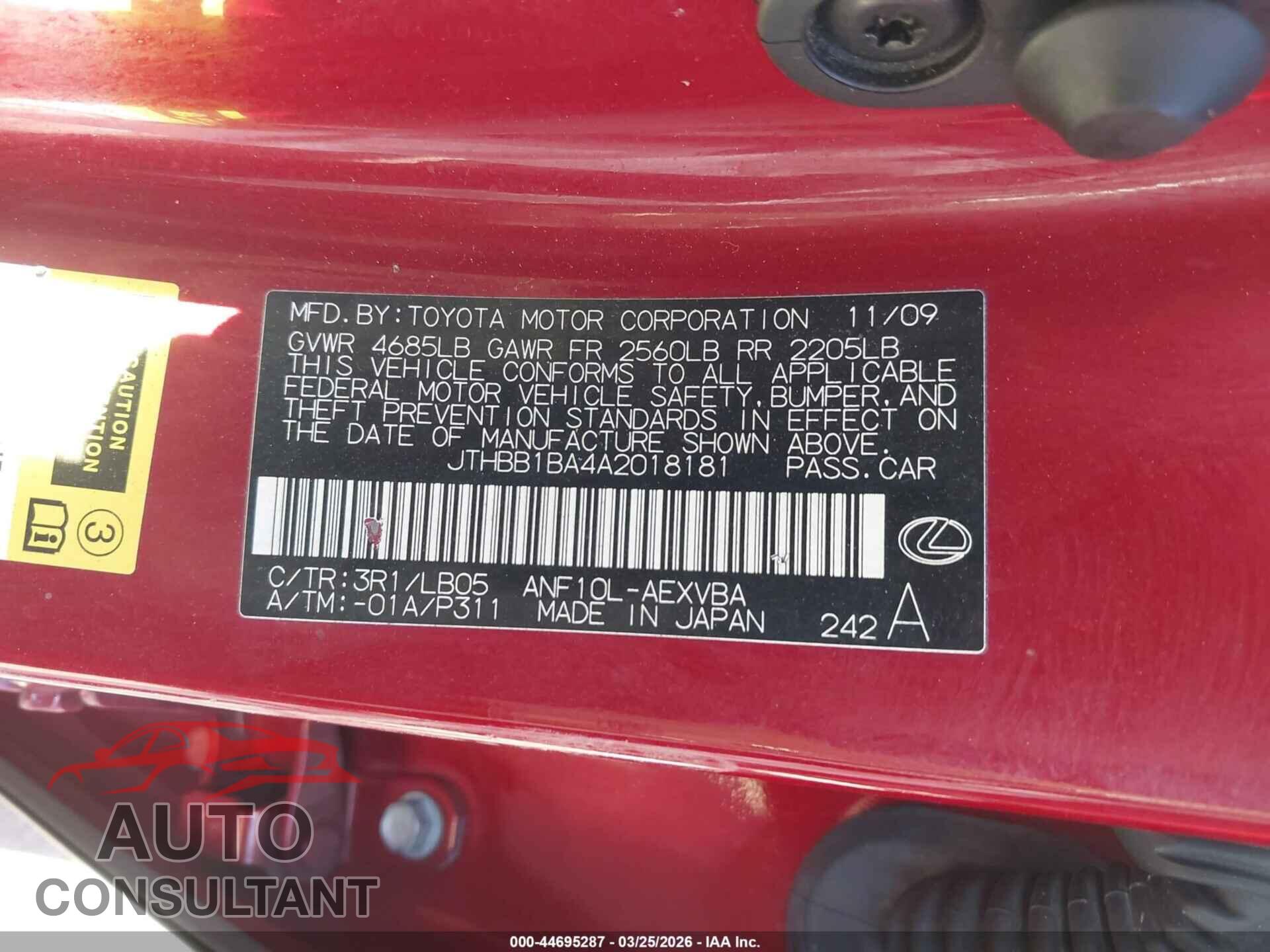LEXUS HS 250H 2010 - JTHBB1BA4A2018181
